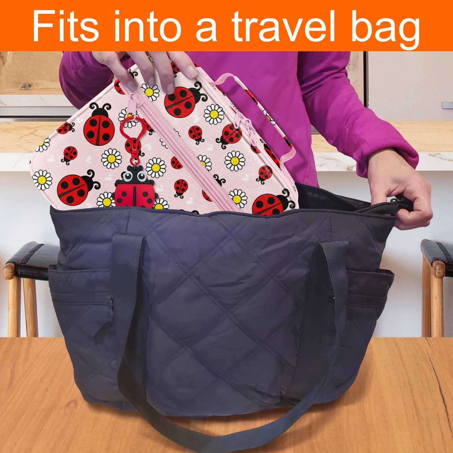 StarPlus2 Medium Travel Pill Bottle Organizer, Child Medicine Bag with Zipper Toy, Carrier for Kids Medications and Medical Supplies - Lady Bugs