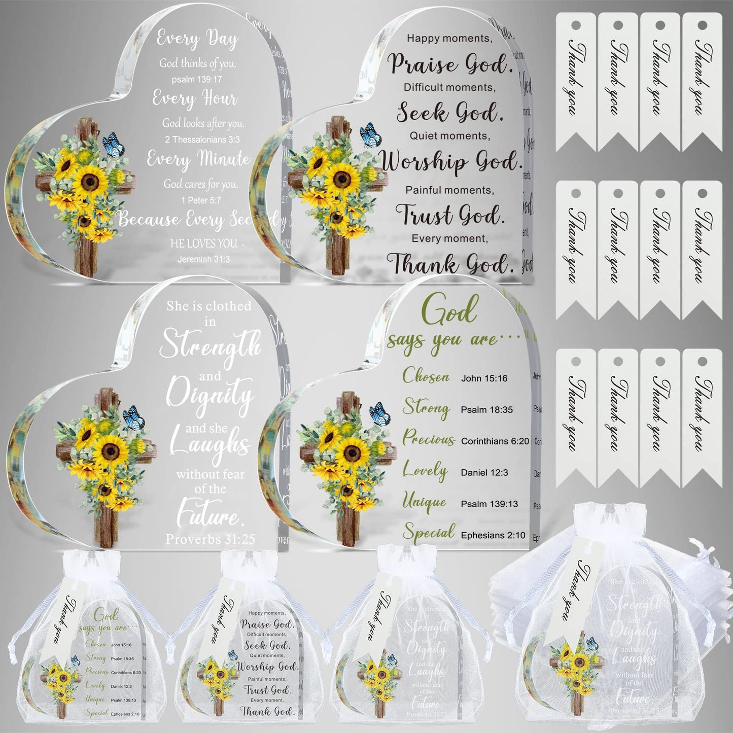 12 Set Acrylic Christian Gifts Inspirational Bible Verse Gifts Set Include 12 Sunflower Heart Paperweight 12 Organza Bags 12 Thank You Cards Scripture Religious for Women Men Christmas