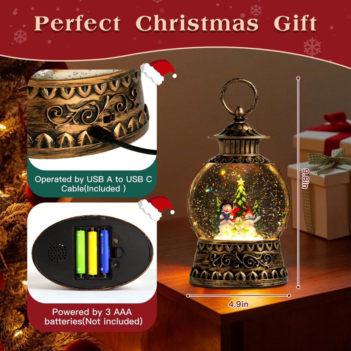 Christmas Snowman Snow Globe, Snowman Musical Snow Globe Lantern Lights with 6H Timer Battery & USB Powered, Retro Style Holiday Glitter Globe for Xmas Home Decoration Holiday Party Gifts