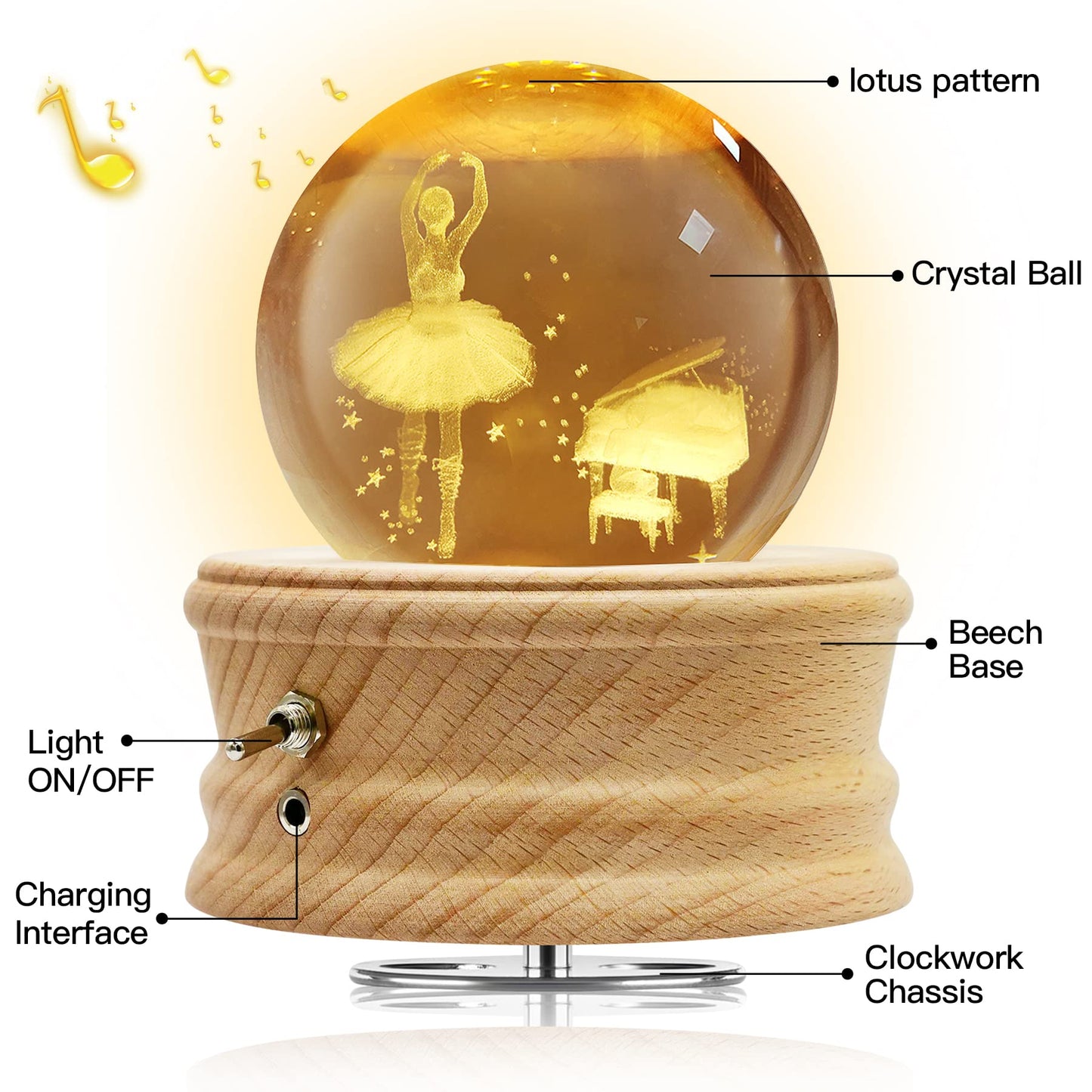 Hwawhin 3D Crystal Ball Music Box with Projection LED Light and Rotating Wooden Base for Christmas, Birthday, Valentine's Day - Music Boxes for Women, Mums and Girls