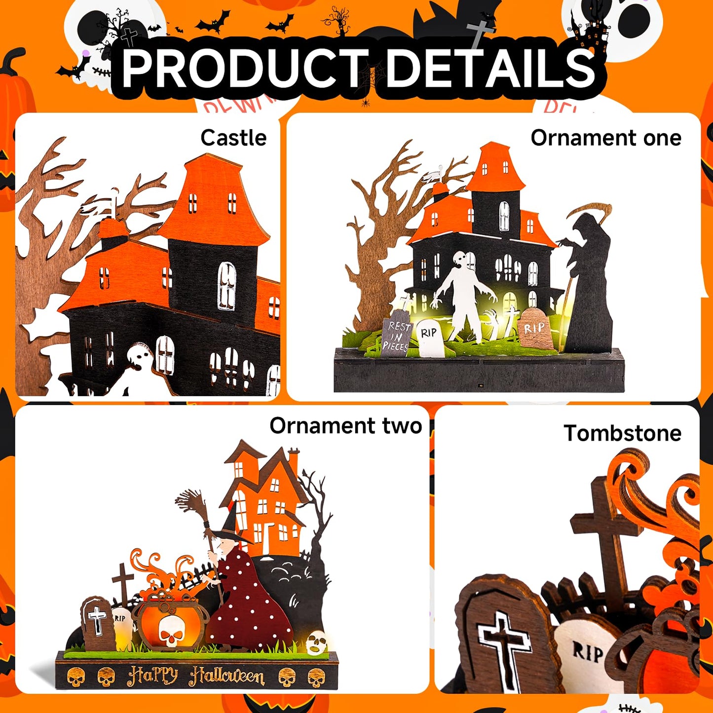 TrisolarSystem 2 Pieces Wooden Halloween Table Decorations Indoor, Festival Decoration Night Light, Witch Tombstone Castle Halloween Decor for Desk Table Fireplace Room Living Room Kitchen Office Bar