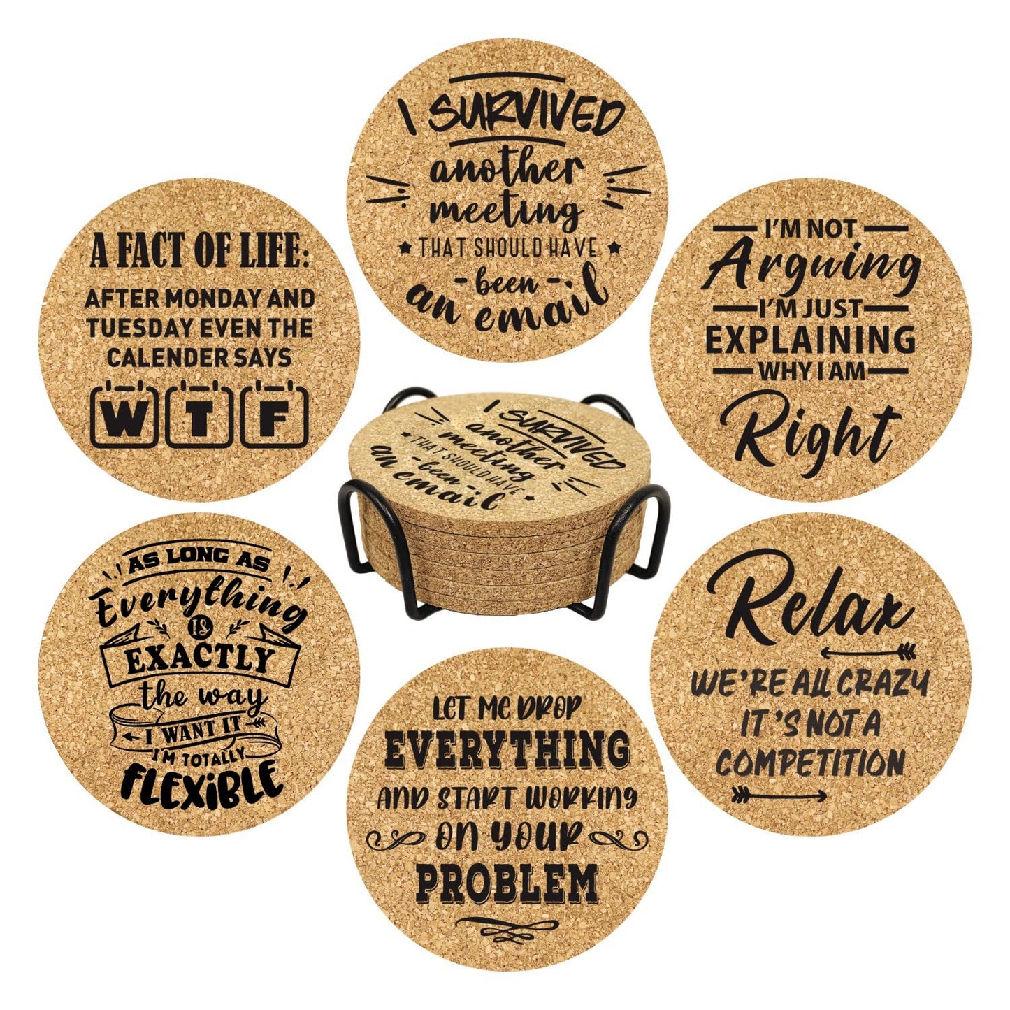 Office Gifts for Coworkers, Novelty Gifts for New Colleagues Employees Boss, Funny Office Desk Coasters, 6 Pcs Drink Coasters with Metal Holder, Birthday Housewarming Gifts for Men Women