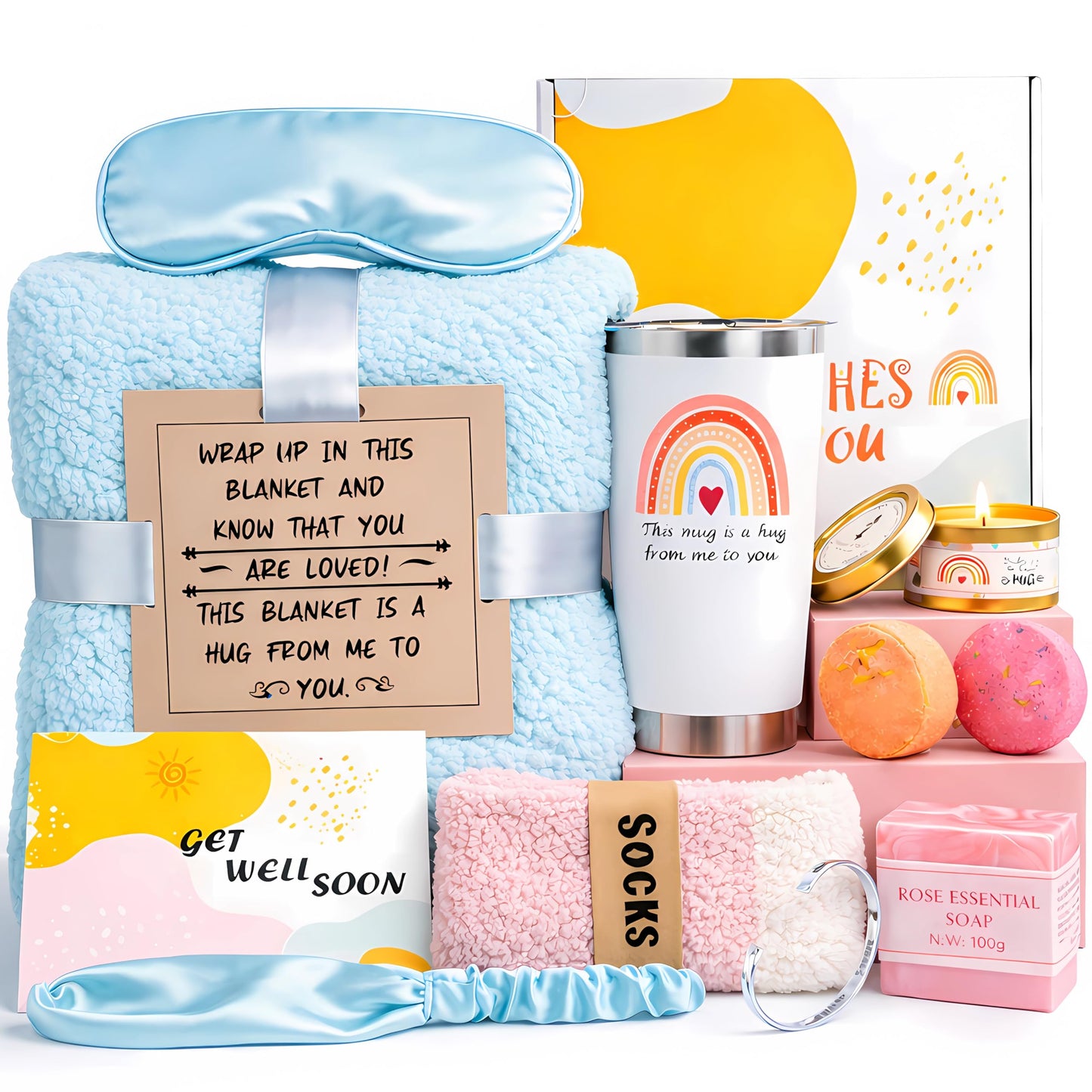 Get Well Soon Care Package for Women, 12 Pcs Deluxe Self-Care Gift Box with Cyan Cozy Blanket, Tumbler, Candle & Spa Feel Better Basket – After Surgery, Thinking of You, Encouragement Recovery Gifts