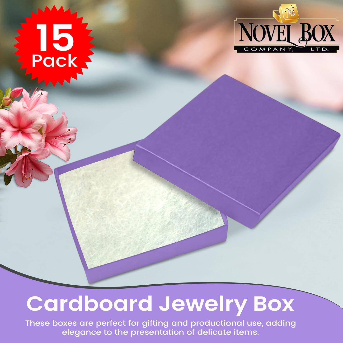 Novel Box 15 Pack Purple Jewelry Gift Box 3.5x3.5x0.87in with Cotton Filled | Cardboard Jewelry Box | Gift Boxes with Lids Made in USA | Boxes for Bracelet Necklace Ring Earrings.