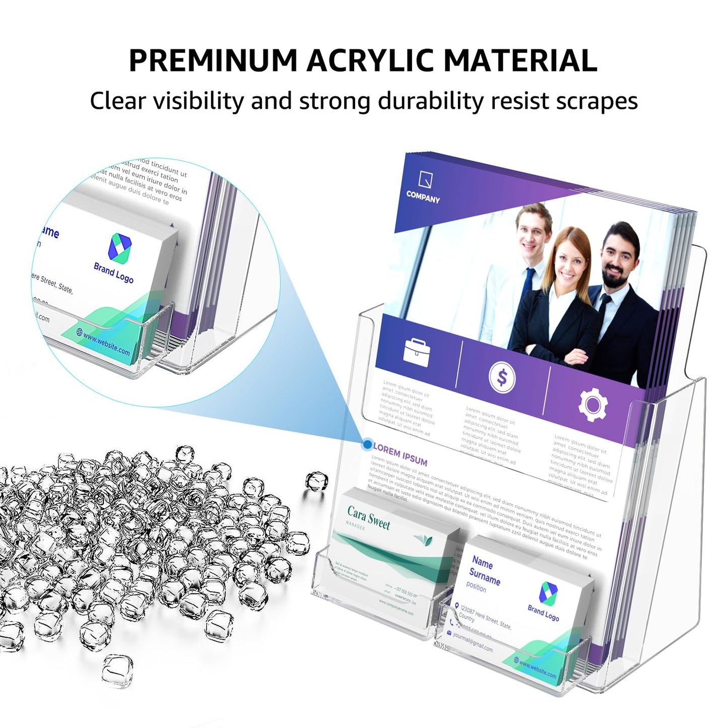 KTRIO Acrylic Brochure Holder 8.5x11 Inches with Business Card Holder 2 Pack, Clear Plastic Brochure Display Stand for Pamphlets, Magazine, Flyers, Booklets, Literature, Signs, Menu, Business Cards