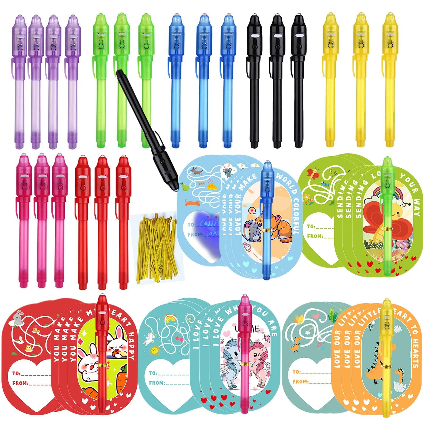 SCStyle 56 Pcs Party Favors | Valentines Day Cards 28Pcs and 28 Invisible Ink Pen with UV Light,Writing Secret Information Bag Gifts for Students Classroom Favors,Valentines Day for Kids Gifts Set