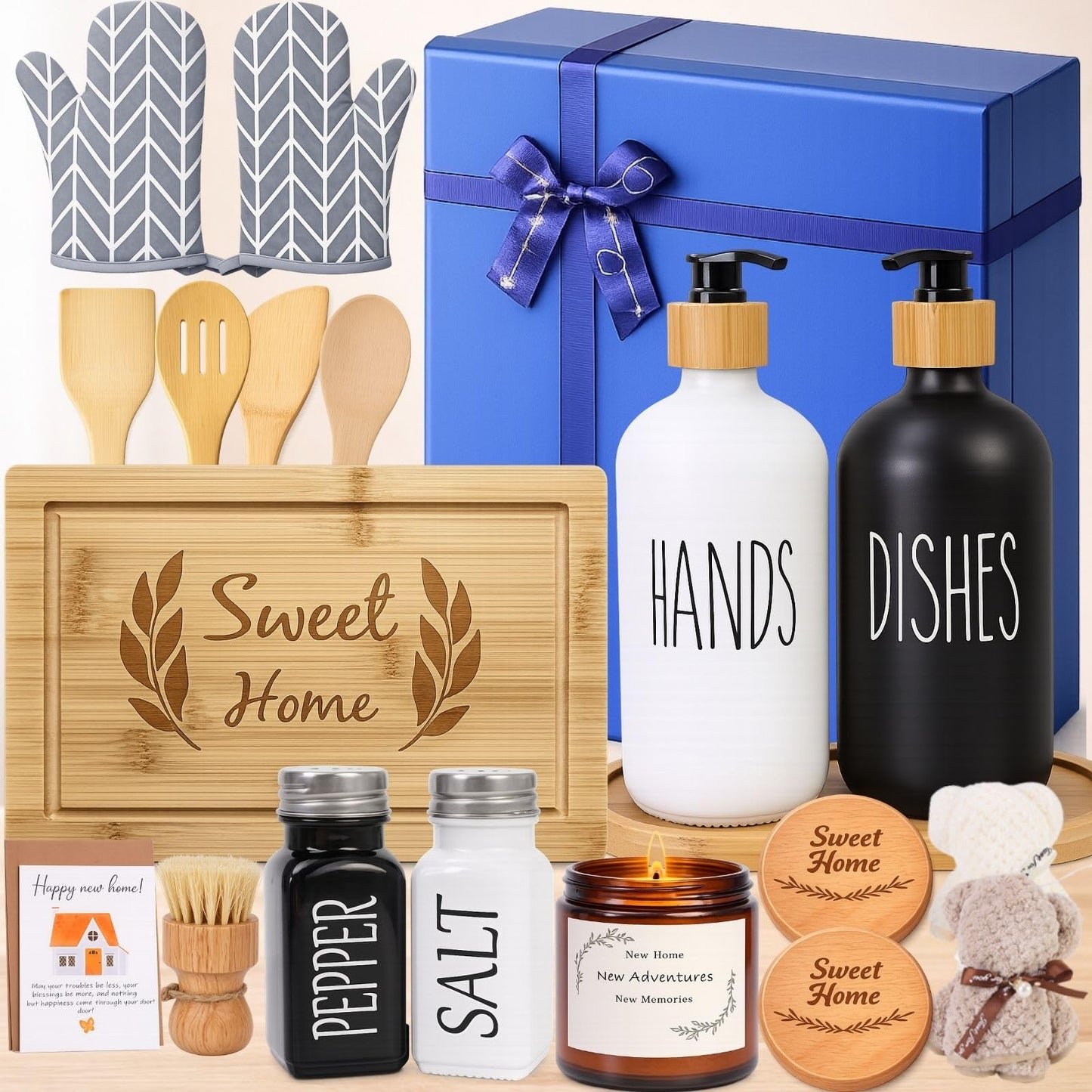 Housewarming Gifts New Home Basket，21-Piece Including Cutting Board, Handwashing Set, and Aromatherapy – Ideal for Housewarming Gift for Couples, New Home Families, and Closing Gifts for Home Buyers