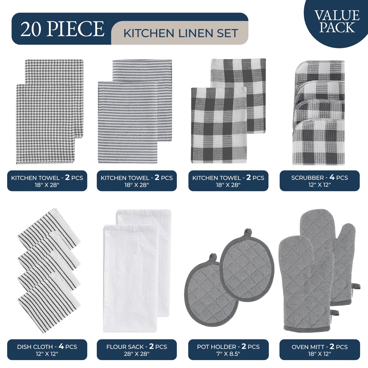 LANE LINEN Kitchen Towels and Oven Mitt Set 20 Pc - Lint Free Cotton Dish Towels for Kitchen Drying, Cozy Terry Dish Rags, Flour Sack Towels for Sourdough Bread Proofing & Quilted Pot Holders - Grey