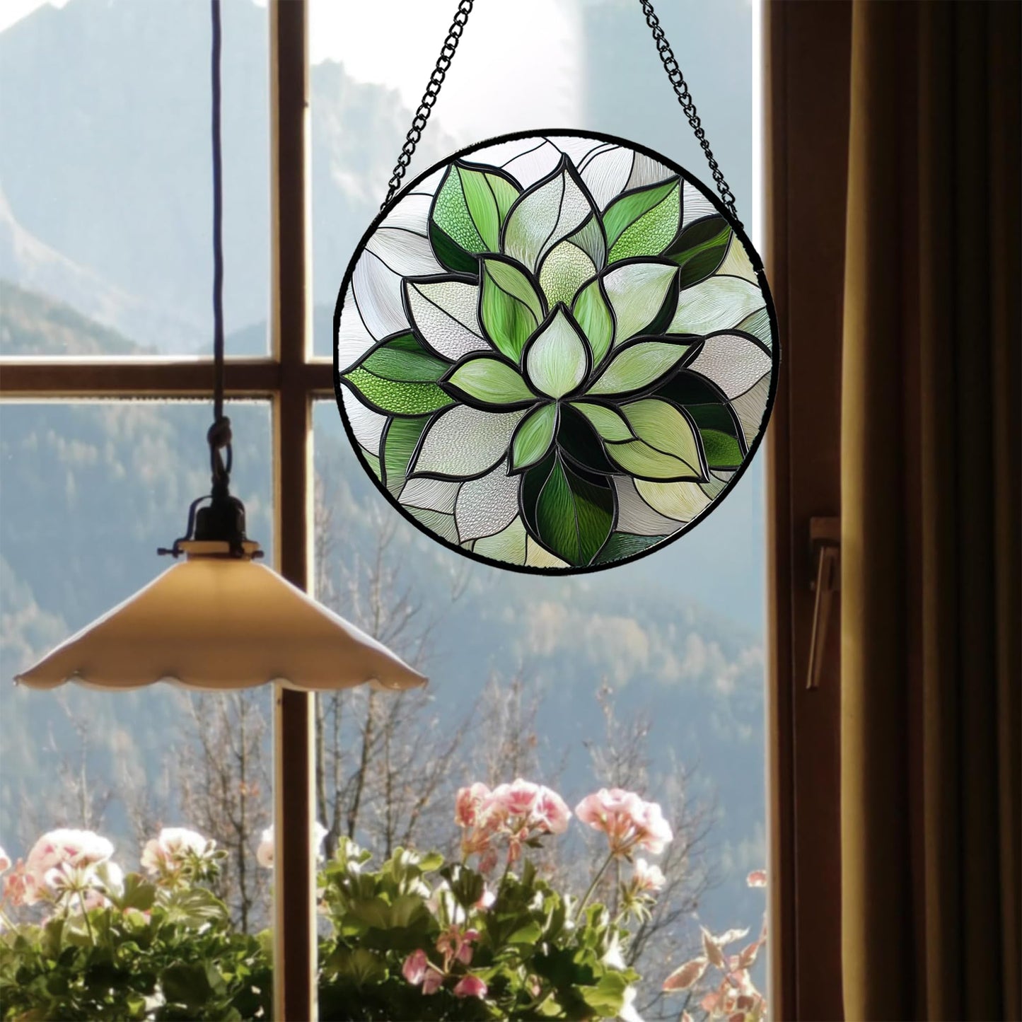 CRISGIF Stained Glass Window Hanging - Green Lotus Suncatcher for Door Garden Succulent Plant Sun Catchers Decor Mother's St. Patrick's Day Birthday for Women Mom Nana Grandma 7.8 in