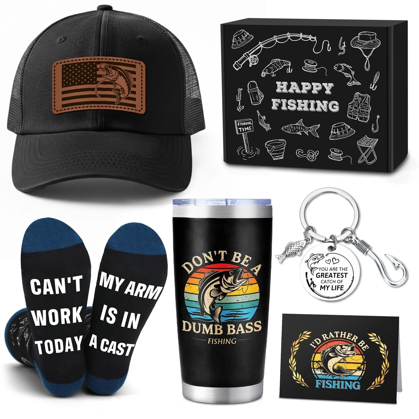 Gifts for Fishermen Fishing Lovers Gifts for Men Cool Fisherman Stuff for Mens Unique Fishing Accessories for Men with Keychain Mug Hat Socks