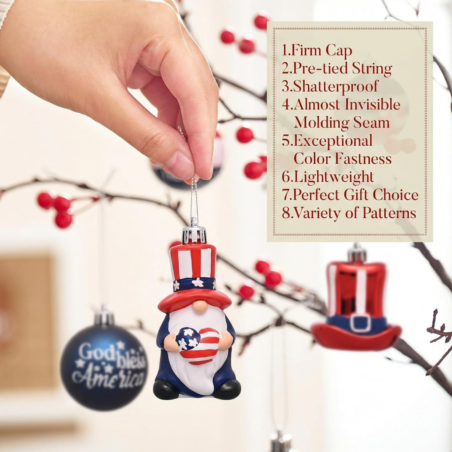Valery Madelyn 4th of July Tree Decorations for Patriotic Memorial Day Ornaments, 50ct Large Red White Blue Shatterproof Americana Gnome for Independence Day USA 250th Anniversary Hanging Ball Decor