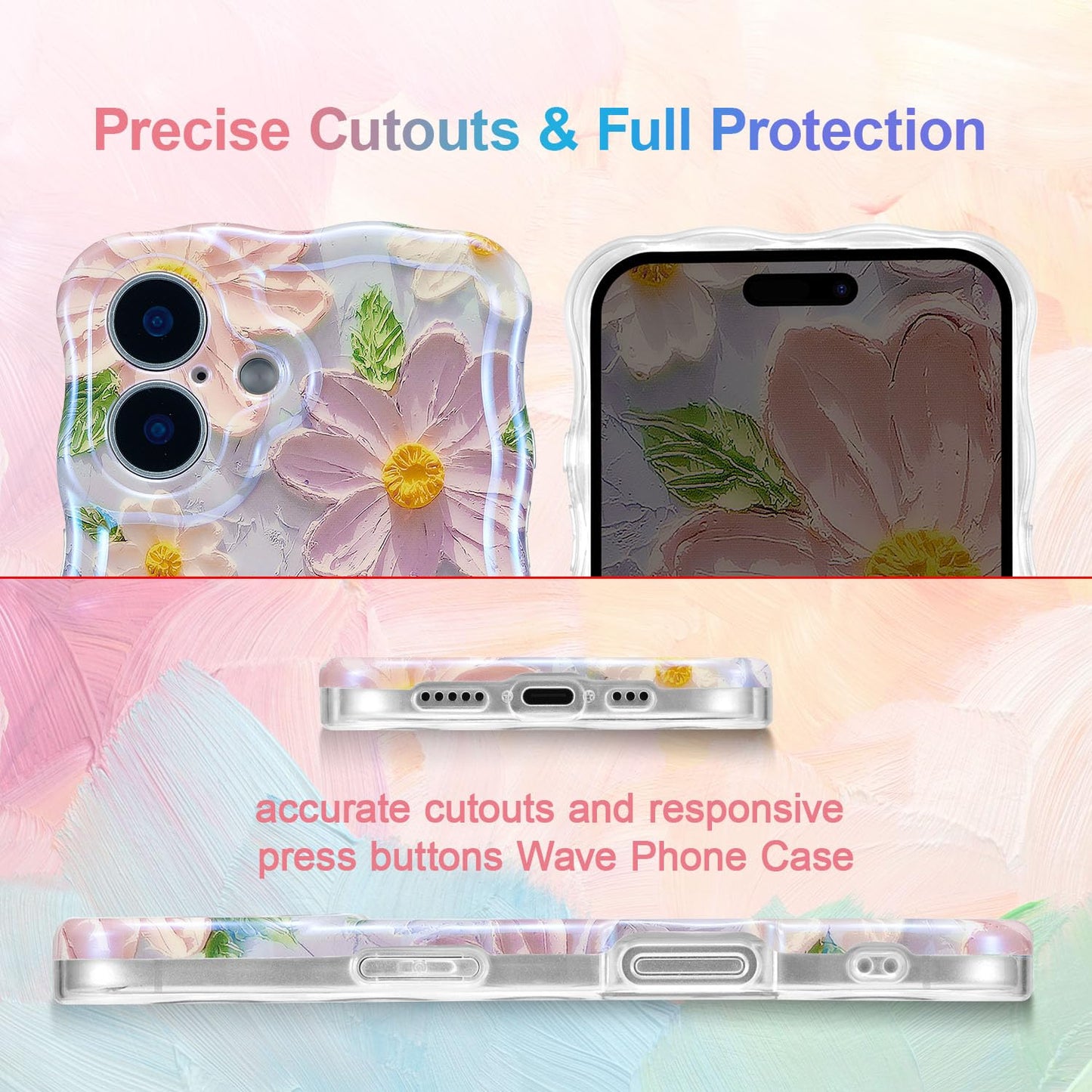 UEEBAI Flower Case for iPhone 17 Case, Colorful Retro Oil Painting Girly Phone Cover Pretty Glossy Pattern Wave Cover Cute Sparkly Floral Curly Shell for Women and Girl, Pink Purple