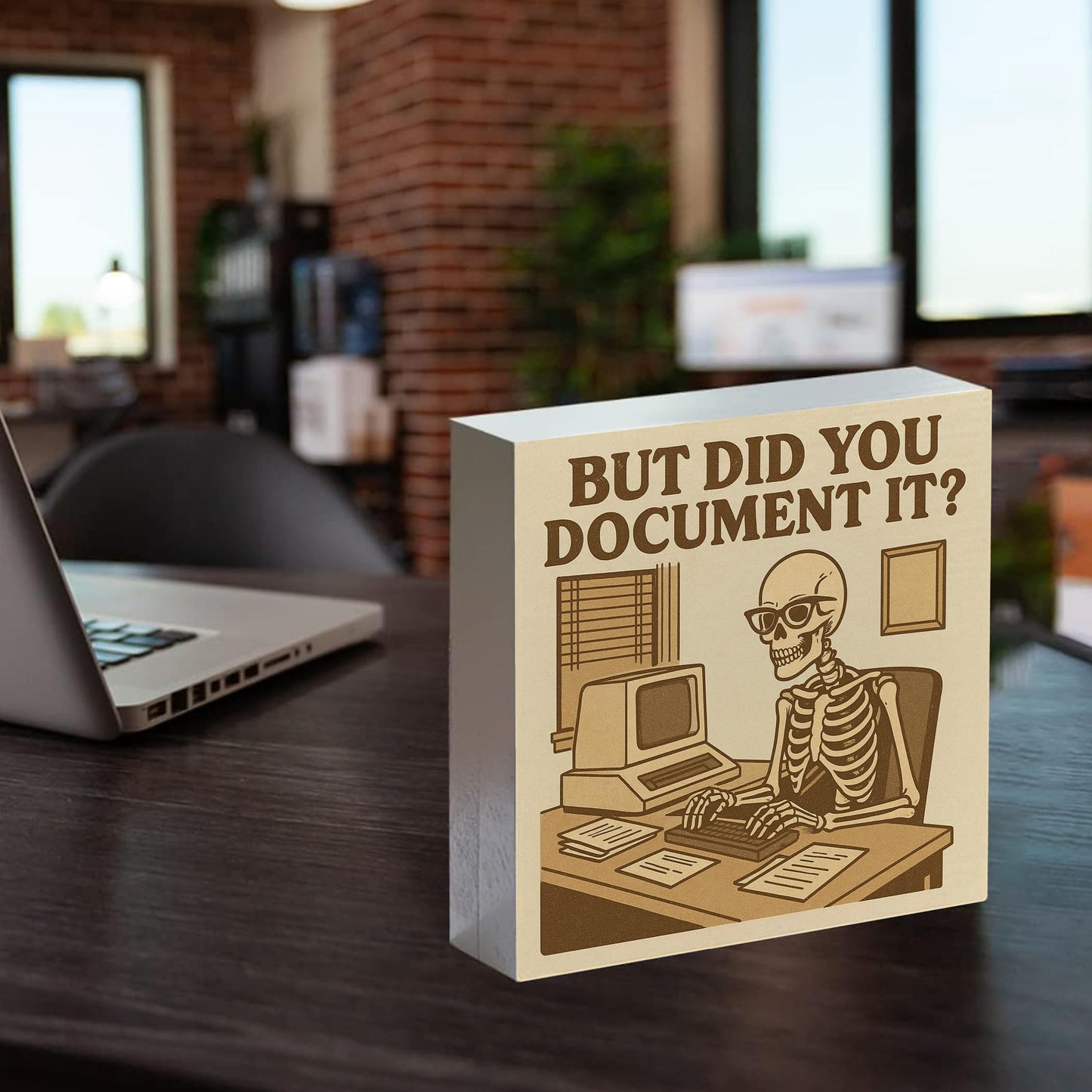 Kneaotoaji Funny Skull Wooden Sign - Retro Gothic Office Decor, Work Gifts for Boss Coworkers Women Men, But Did You Document Wooden Box Sign for Office Table Desk Shelf Decoration, 5x5 Inch