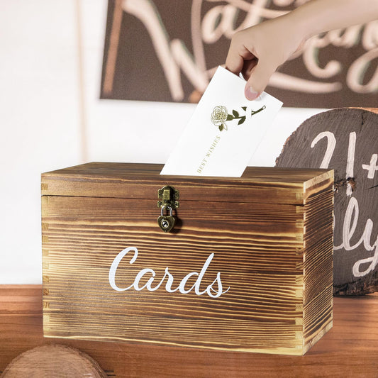 Wongblee Wooden Wedding Card Box with Heart Shape Lock, 5 Chalkboard Label, 1 Erasable Chalk Marker, Rustic Gift Card Holder Box for Birthday, Wedding, Bridal Shower, Baby Shower