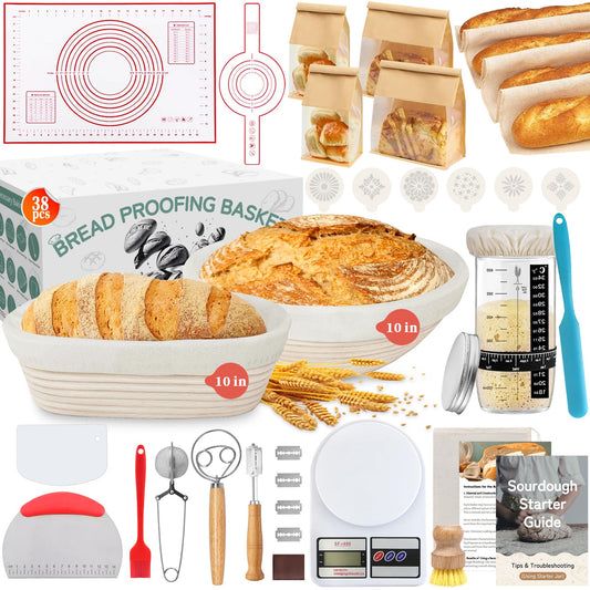 Aliggbent 38Pcs Sourdough Bread Baking Supplies, 10'' Round & Oval Banneton Bread Proofing Baskets with 24 oz Sourdough Starter Jar Kit, Digital Scale, Bags & Bread Making Tools Kit for Artisan Baking
