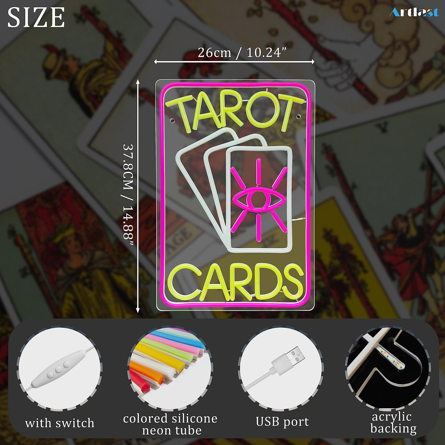 Artlast Tarot Cards Neon Sign, Pink LED Light for Room Wall Decor, Dimmable Switch, Acrylic Material, 10.24x14.88 inches, Indoor Neon Signage