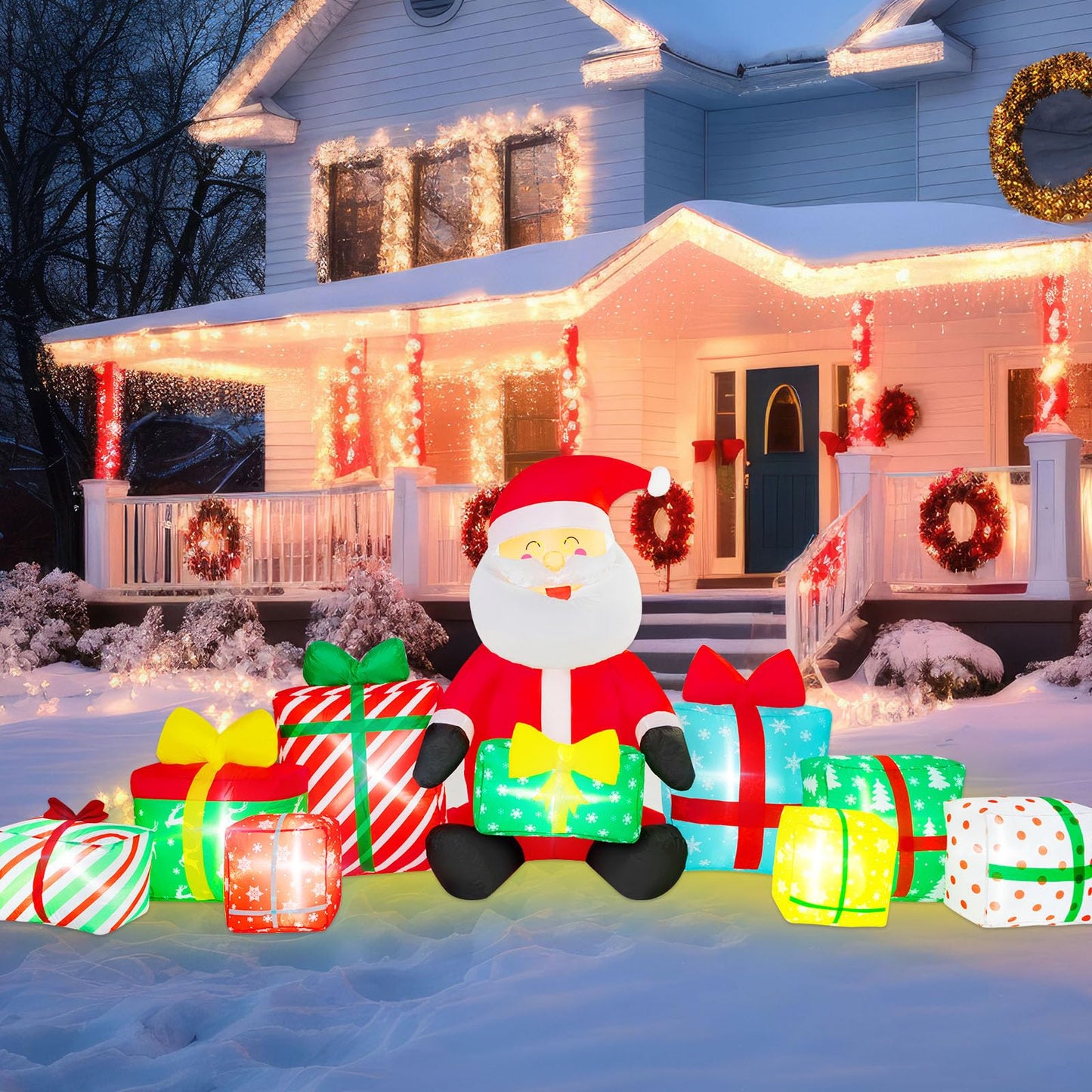 10 Ft Long Christmas Inflatable Santa Claus Giant Gift Boxes with LED Lights Santa Claus Gift Inflatable Decoration Built in Automatic Blowers for Xmas Outdoor Indoor Yard Garden