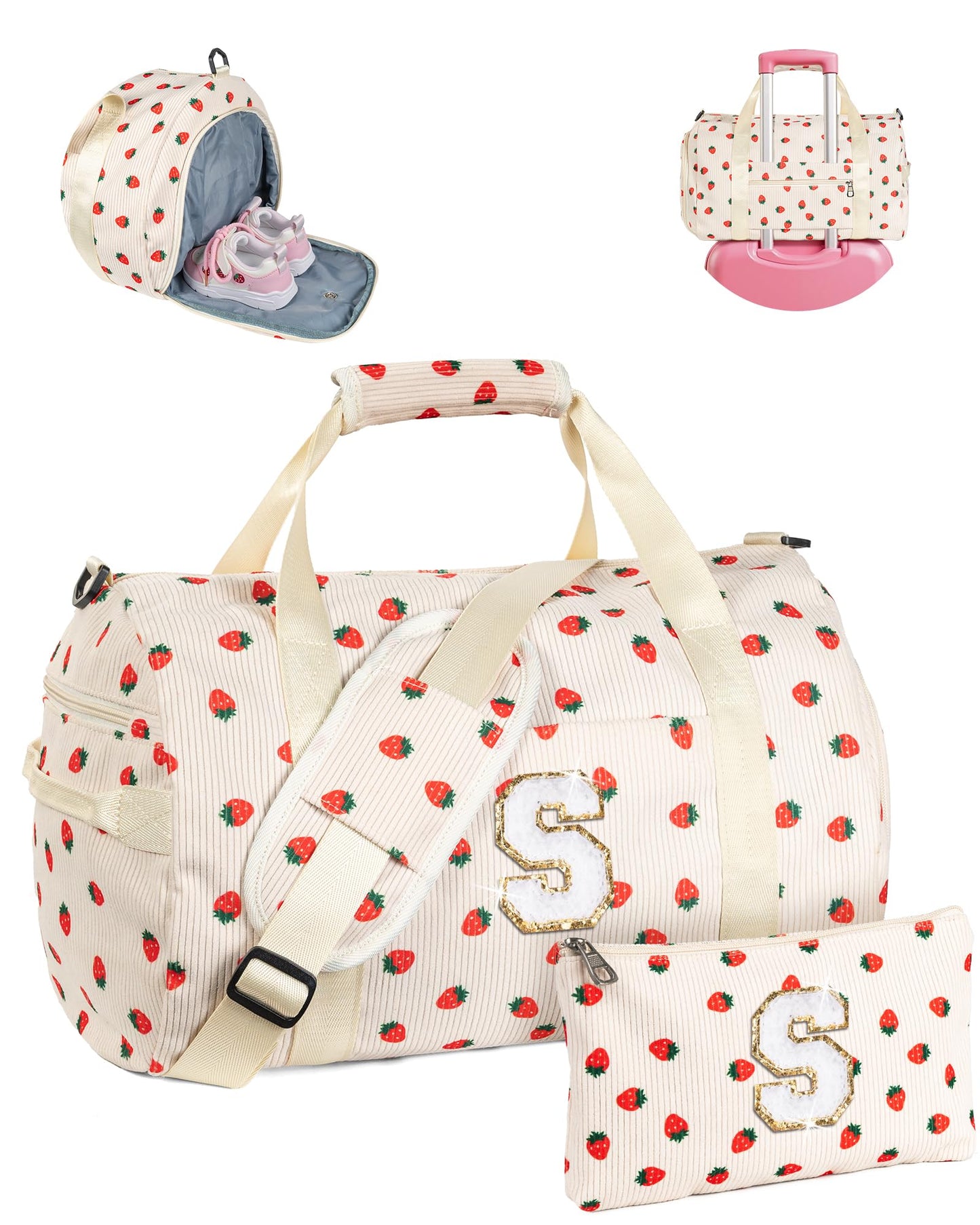 Vogewood Holiday Gift Set, Girls Gym Bag, Kids Personalized Weekend Duffel Bags with Shoe Compartment, Initial Travel Tote with Makeup Bag, 4 5 6 7 8 9 10 Year Old Girl Birthday Gift (Letter S)