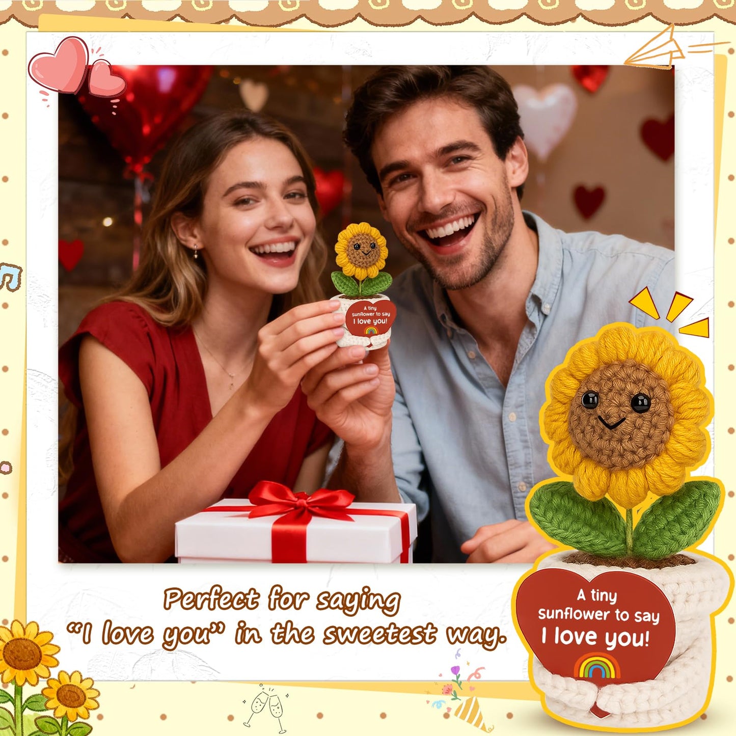 Anniversary Love Gifts for him her - I Love You Crochet Sunflower Happy Birthday Gifts for Women Men Wife Husband Easter Basket Stuffers for Daughter, Son - Wedding Gift Ideas for Couples Girlfriend