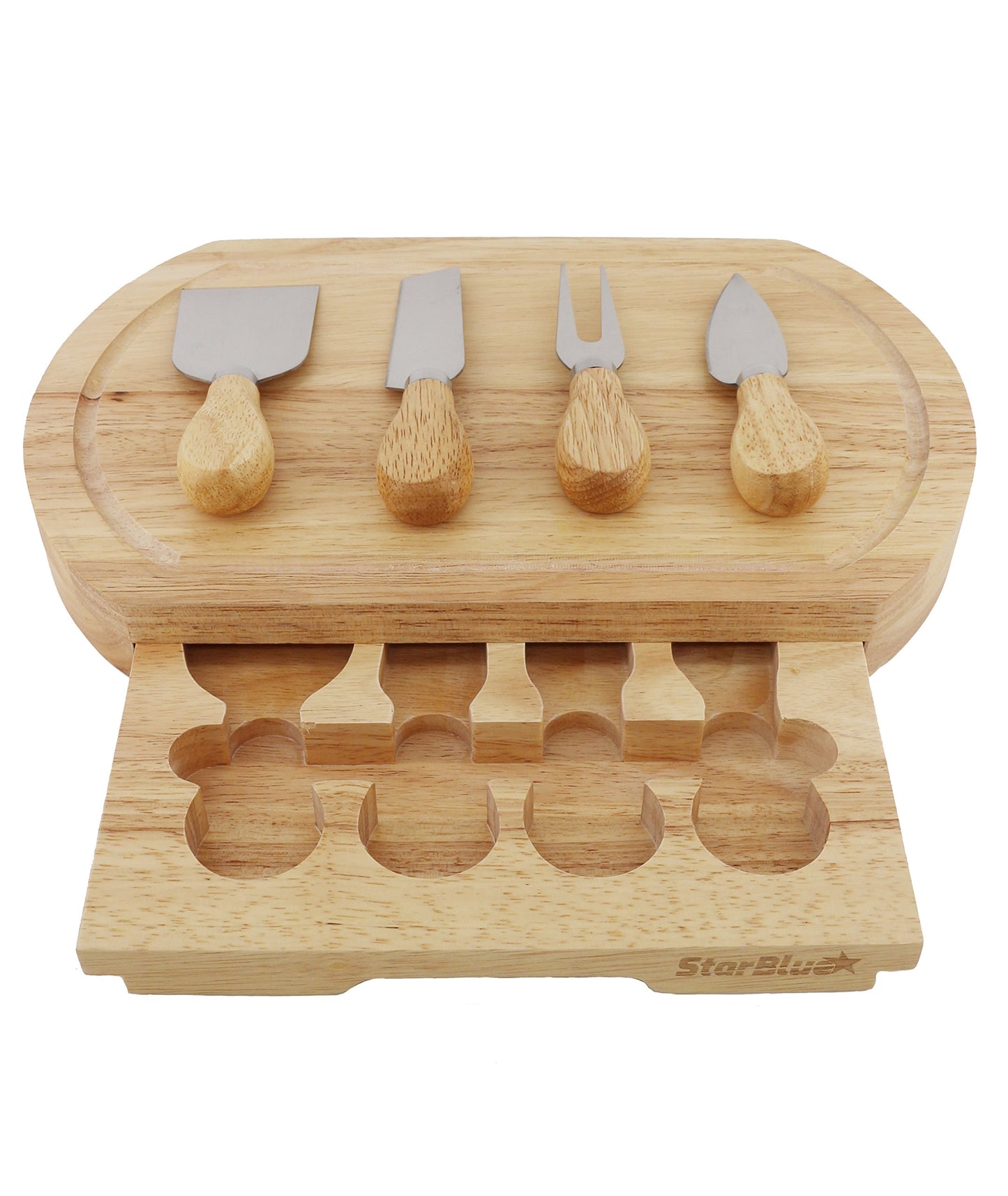 Cheese Board Set by StarBlue - with 4 Knives and Slide Out Drawer | Large Oak Wooden Cheese and Platter Cutting Serving Plate Tray | Best for Housewarming and Birthday Gift
