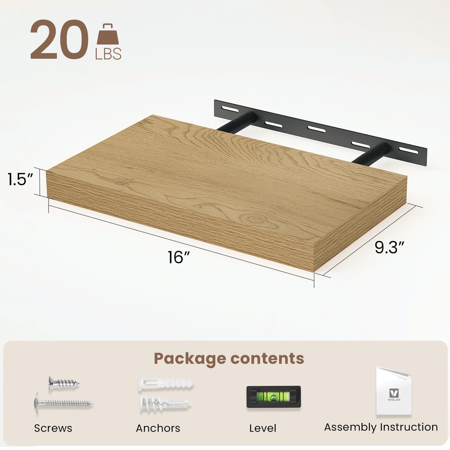 Vivelove 16 Inch Floating Shelves for Wall, 16x9 Display Shelves for Bathroom Living Room Kitchen Bedroom Office Farmhouse Home Decor - Set of 2, Oak