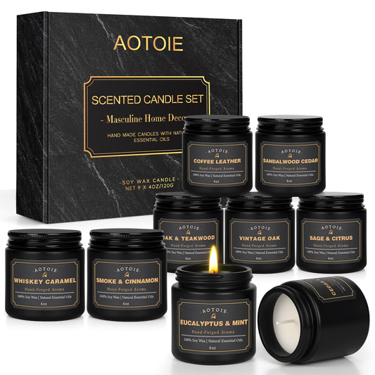 Mens Scented Candle Gift Set, 9 Pack Candles for Men, 36 oz Soy Candle, 200+ Hours Burn Time, Aromatherapy Gifts for Men, Boyfriend, Husband for Christmas, Valentines Day, Father’s Day, Birthday