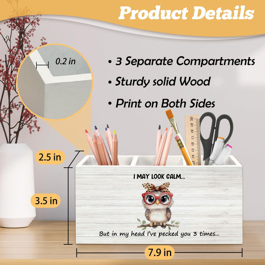 Yjeslw Funny Owl Pen Holder Organizer for Desk Accessories, I May Look Calm Funny Wooden Box Sign Desk Decorations for Home Bedroom Office Decor, Owl Lovers Gifts for Women