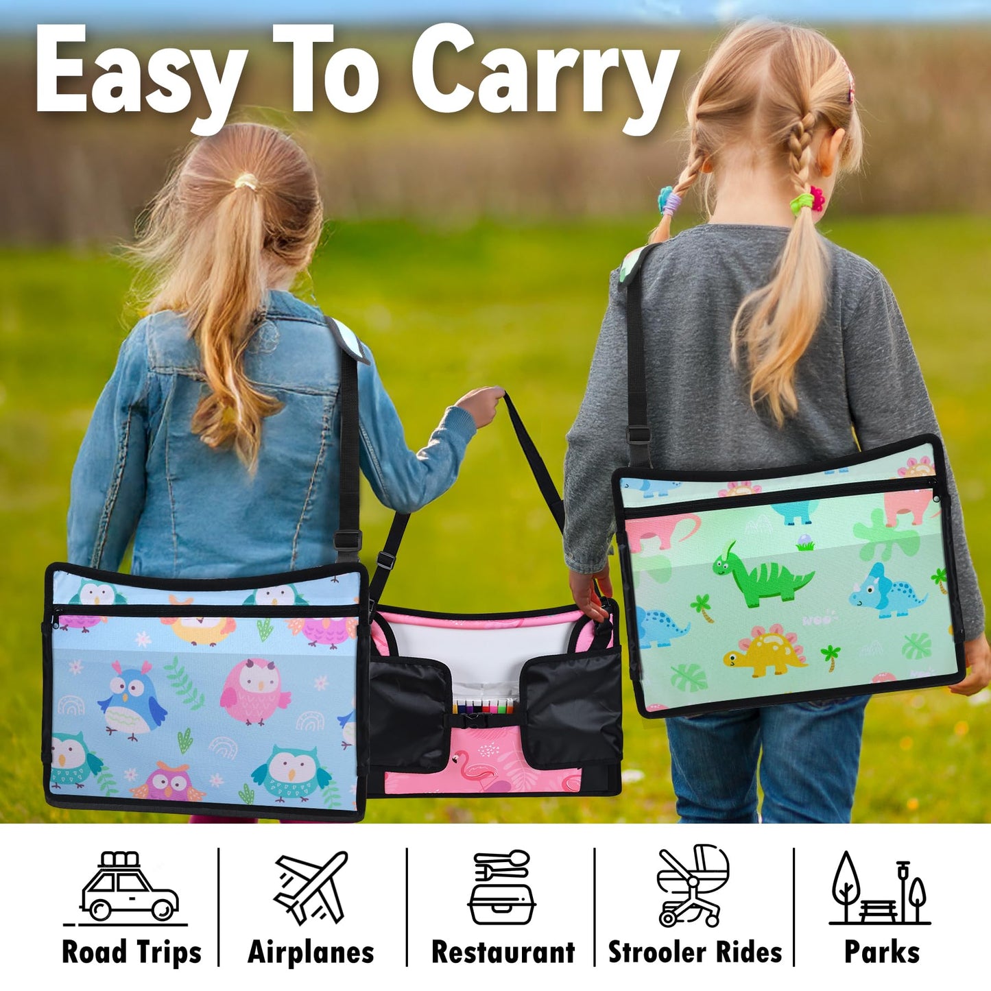 WENRENER Kids Travel Tray, 3PCS Car Seat Tray for kids Travel, Toddler Road Trip Essentials With Drawing Kit, Toddler Lap Desk Organizer for Car, Carseat Table for Airplane