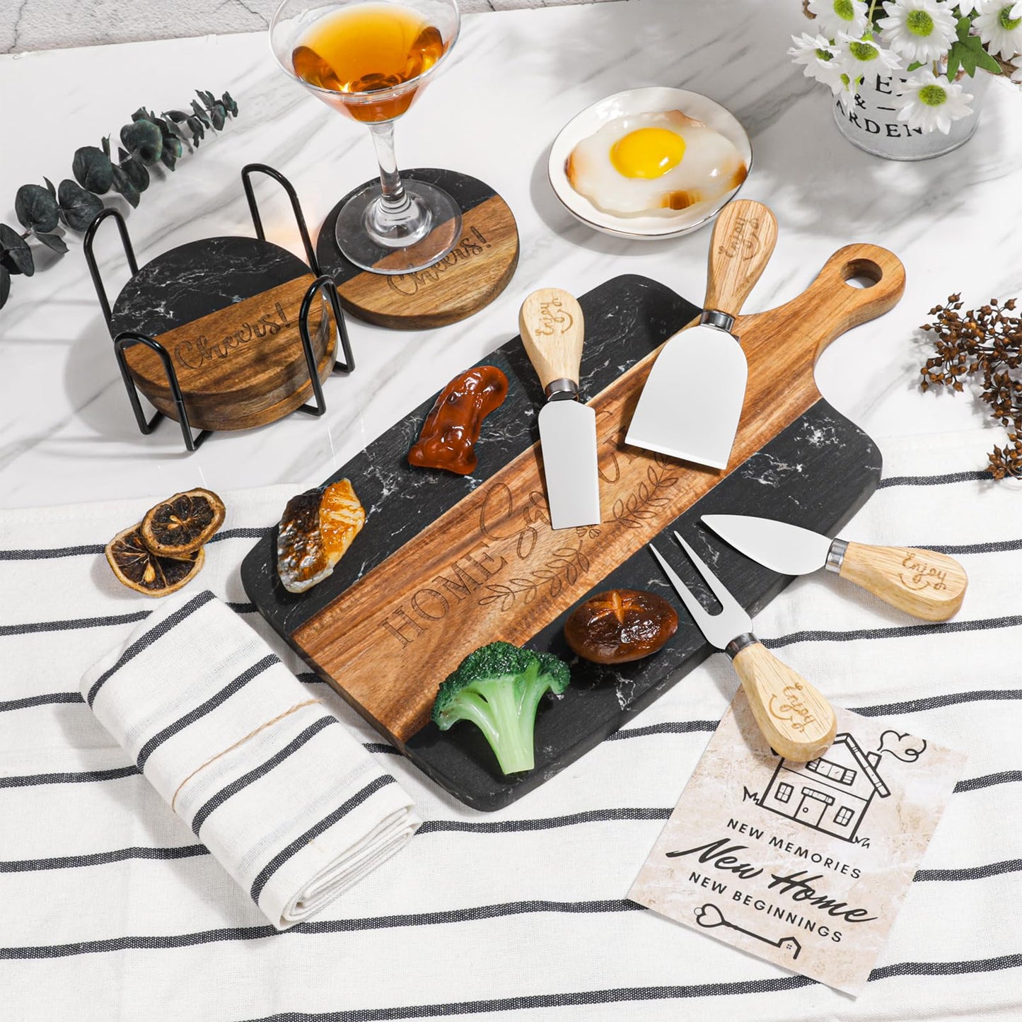 House Warming Gifts New Home,11 Pcs Housewarming Gifts Basket for New House,Unique Housewarming Gift Baskets for Couples, Clients, Women (Black Marble)