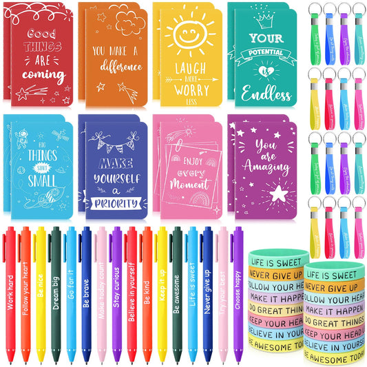 PerKoop 64 Pcs Inspirational Gifts Bulk 16 Motivational Notebooks Journal 16 Ballpoint Pens 16 Wristbands 16 Keychains for Teacher Office Women Employee Party Favor(Watercolor)