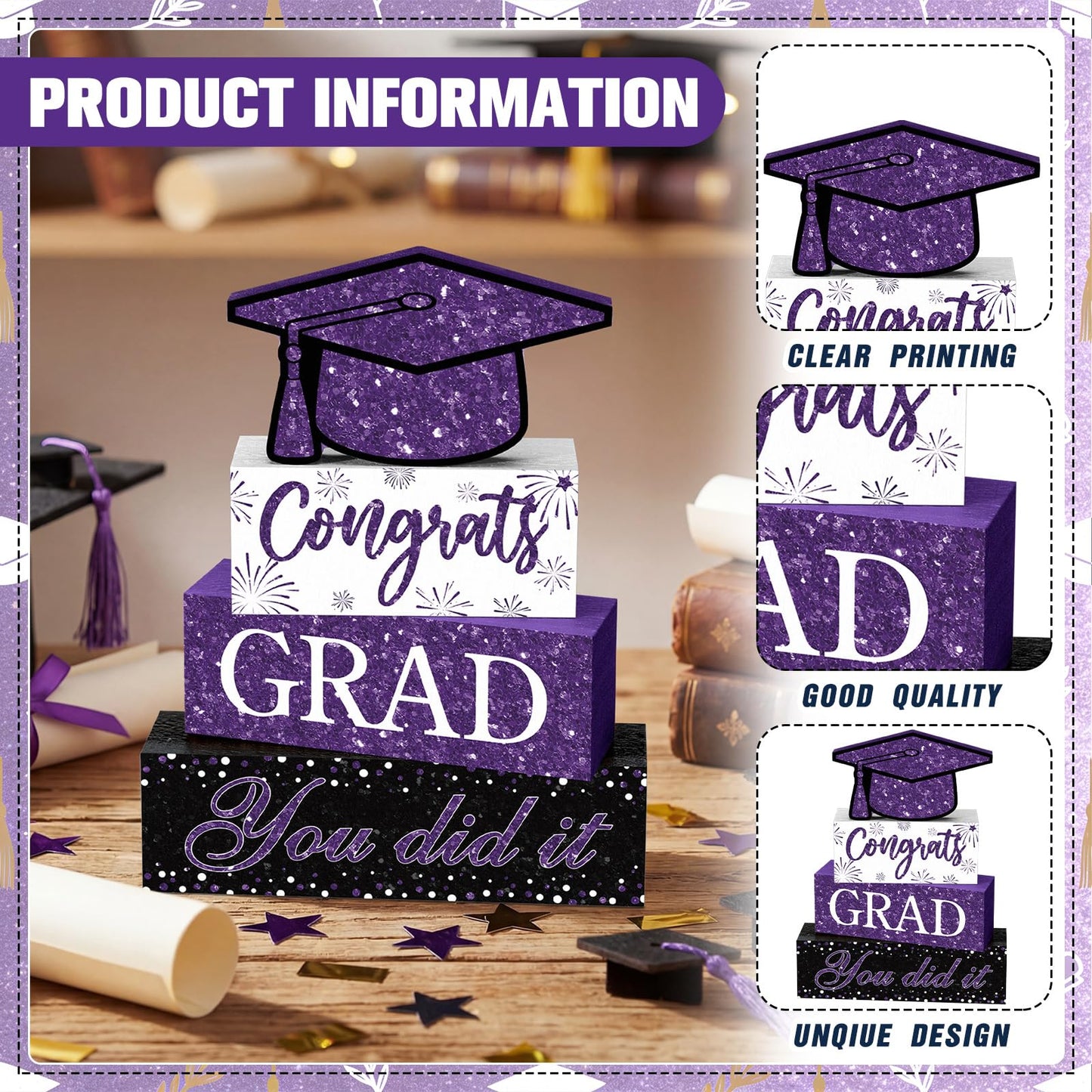 Cinnvoice 4 Pcs Graduation Table Decor 2026 Congrats Grad Centerpiece Class of 2026 Wood Sign Graduation Tiered Tray Decor Farmhouse Congratulate Gifts for Home Shelf Party Decorations(Purple)