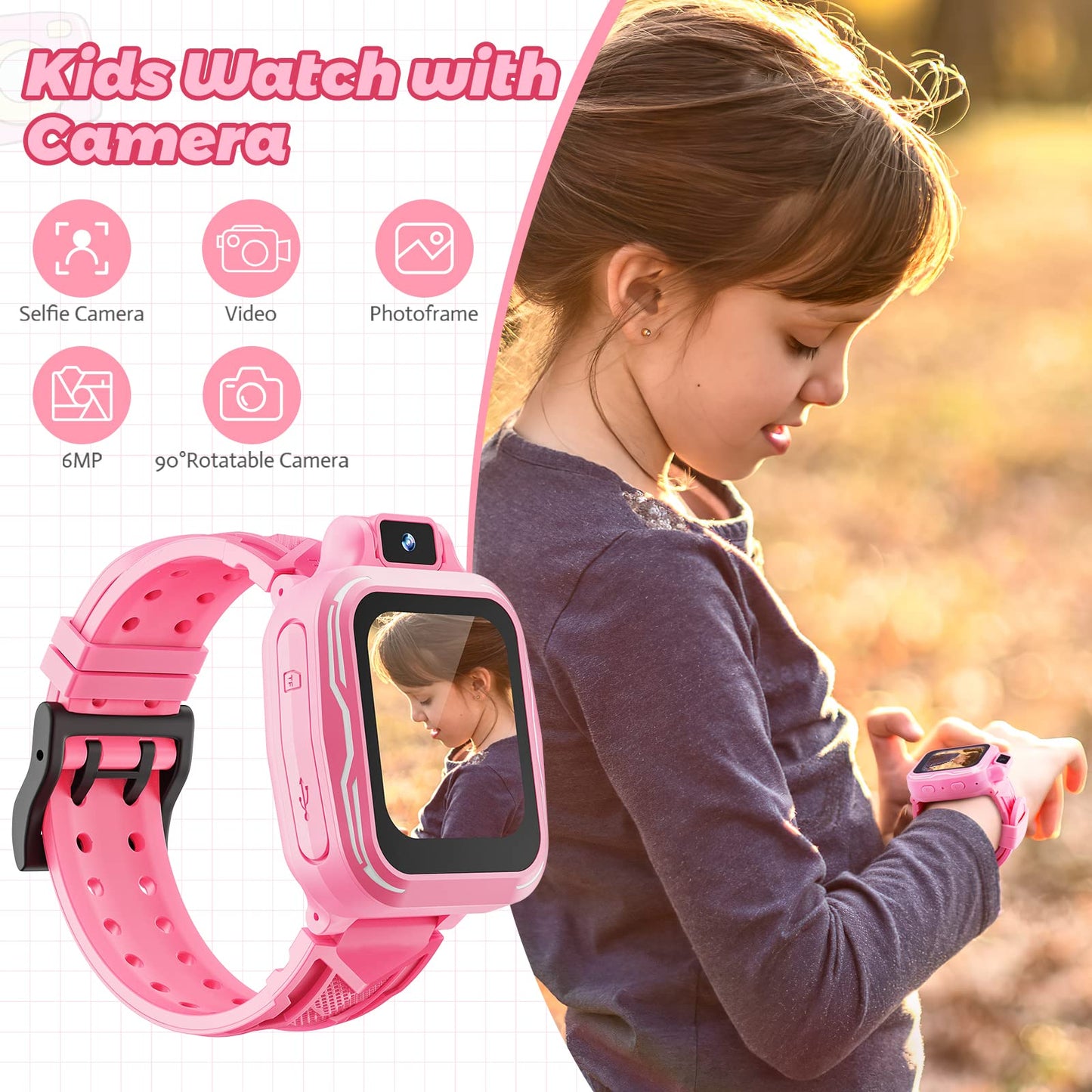 VANSING Kids Digital Watch Girls, Best Christmas Birthday Gifts for Age 3 4 5 6 7 8 9 Years Children,Touchscreen Toddler Sport Smart Watch with Camera FM MP3 Pedometer - Light Pink with 32GB SD Card