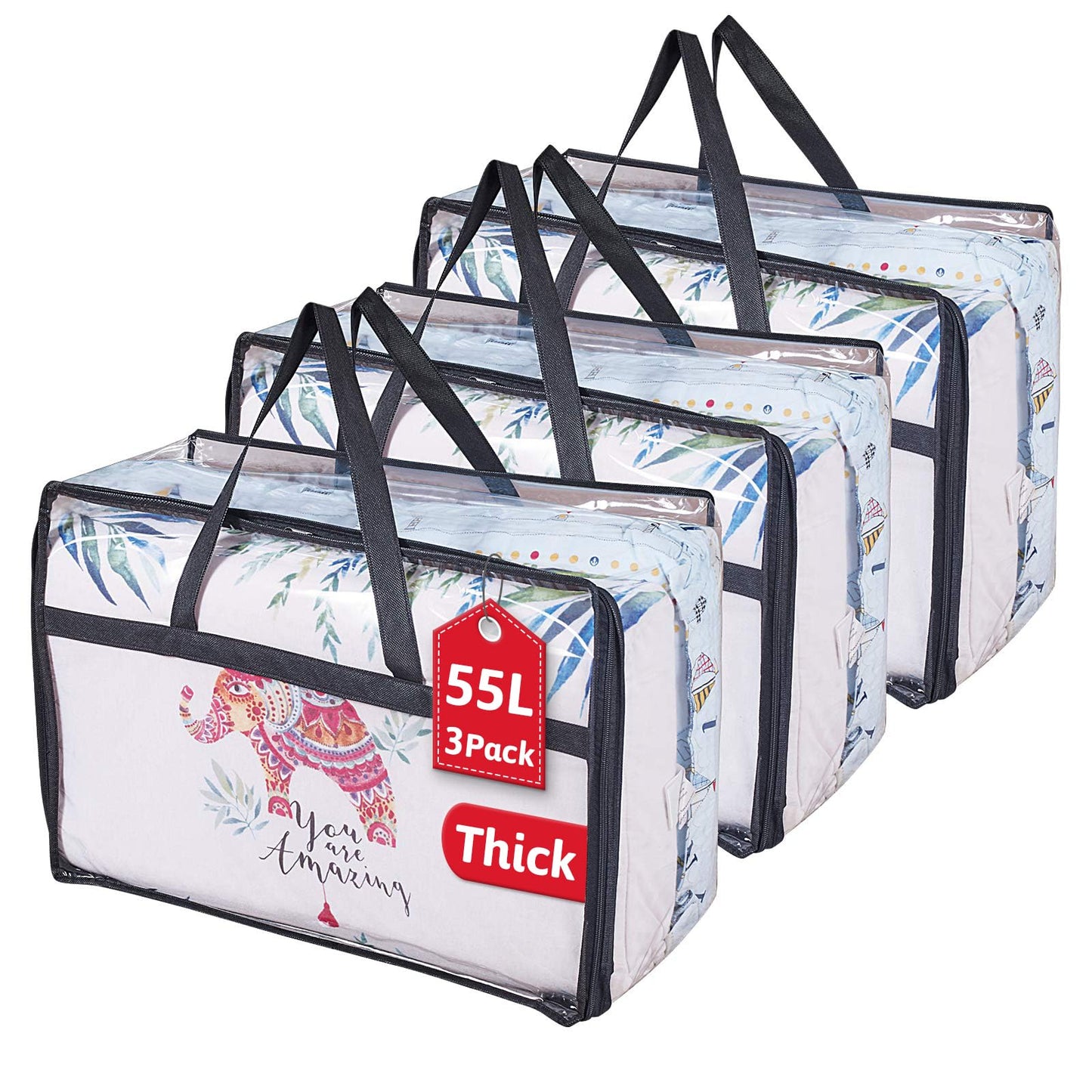 OYOUNGNI Clear Clothes Storage Bag Organizer with Reinforced Handle, Vinyl Storage Bags for Comforter, Blanket, Bedding, Toys, Transparent Moving Totes with Sturdy Dual Zippers, 3 Pack, 55 L, Black