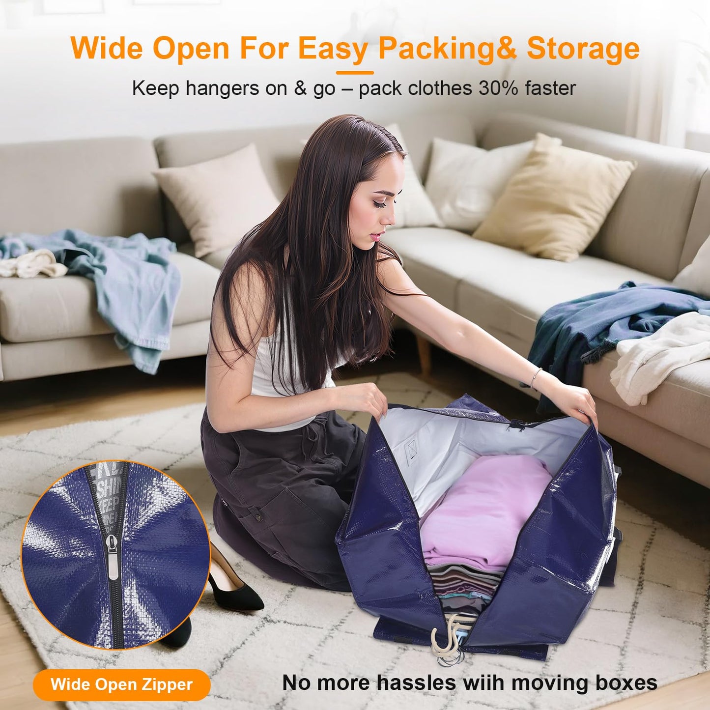 CHVEGLUZ 2 Packs Moving Bags Heavy Duty Extra Large,Storage Bags with Zipper&Handles, Sturdy&Durable Clothes Storage Bags Totes for College Dorm Essentials, Moving Boxes for College Supplies, Blue