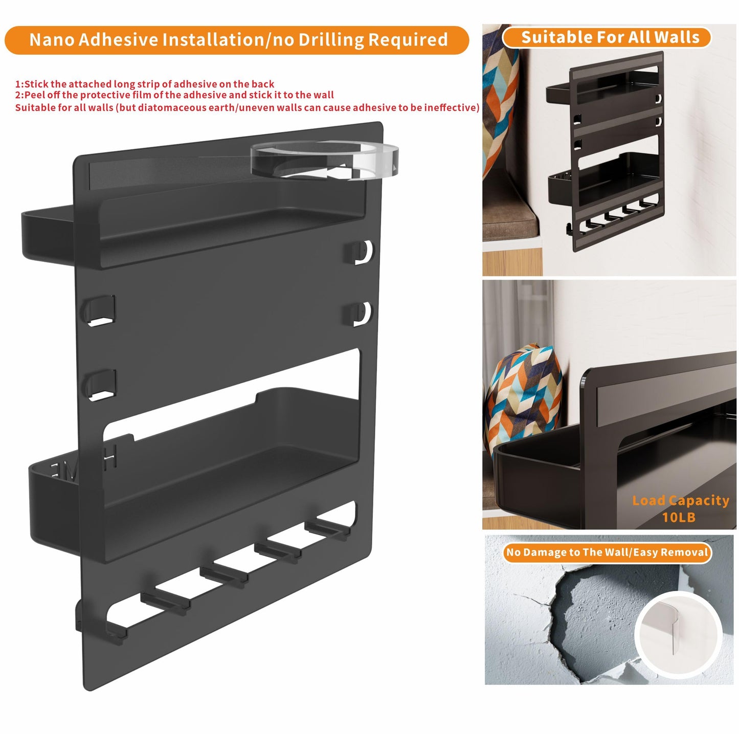 Yieach Bedside Shelf for Dorm Bed,Rv,Small Room and Nightstand,Wall Mounted Floating Shelves and Bedside Wall Organizer for Remote,Phone Holder,Charging Shelf,Cute Bedroom Decor for College Girl,Black