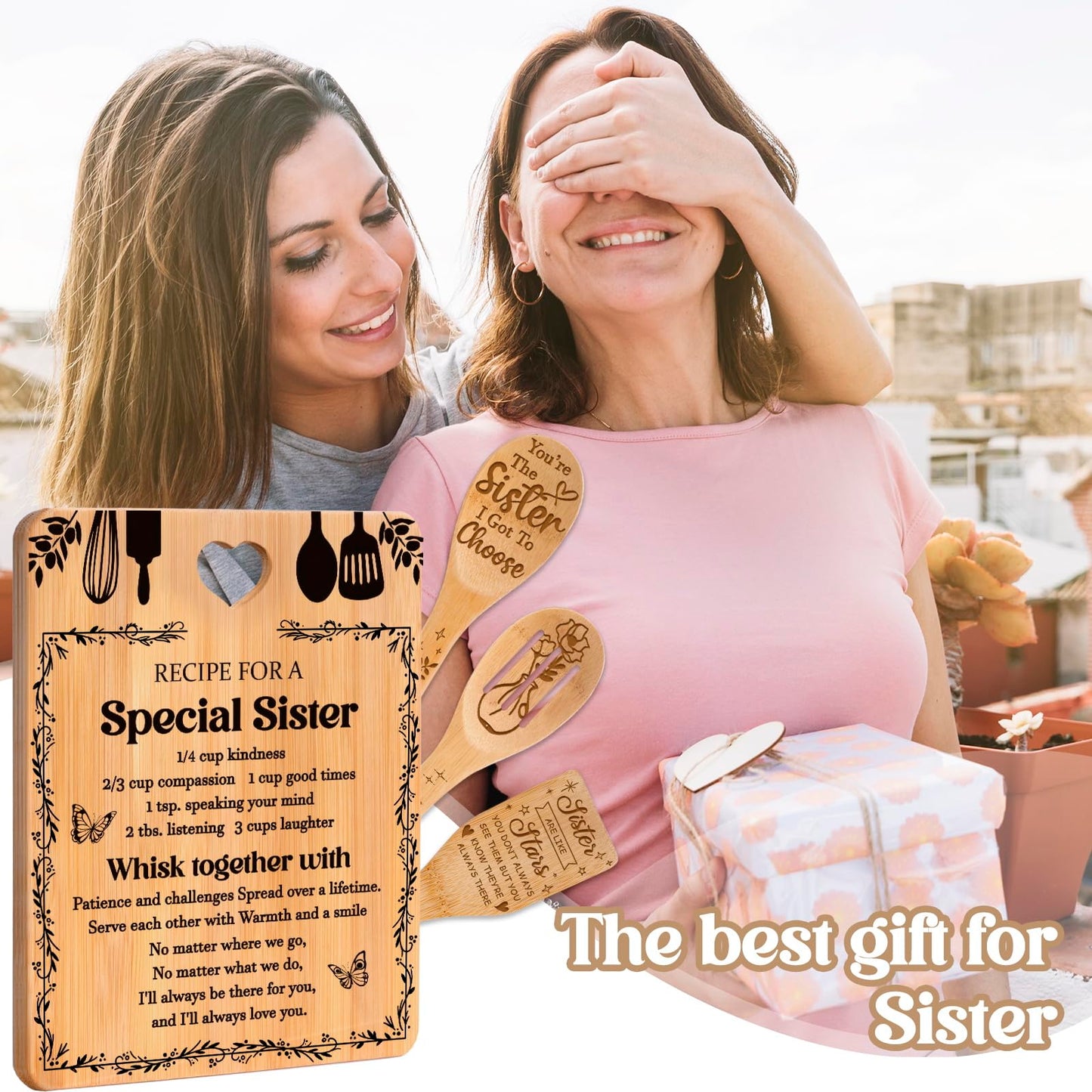 Sister Birthday Gifts - "Recipe for a Special Sister" Sister Gifts from Sister Cutting Board Set, Bamboo-Made Engraved Utensil Set Sister Gifts from Sister, Mothers Day Gifts for Sister
