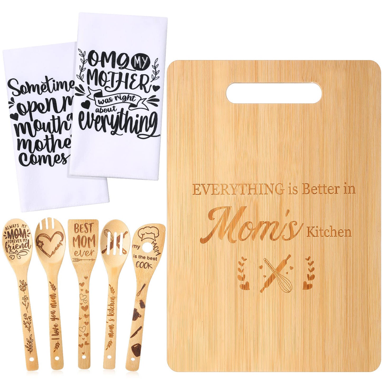 Gerrii 8 Pcs Mom Gifts Kitchen Set Mother's Day Cutting Board Spoons Towels Dish Towels for Kitchen Cooking Gift Utensils Housewarming Decoration from Grandson Granddaughter Son Daughter