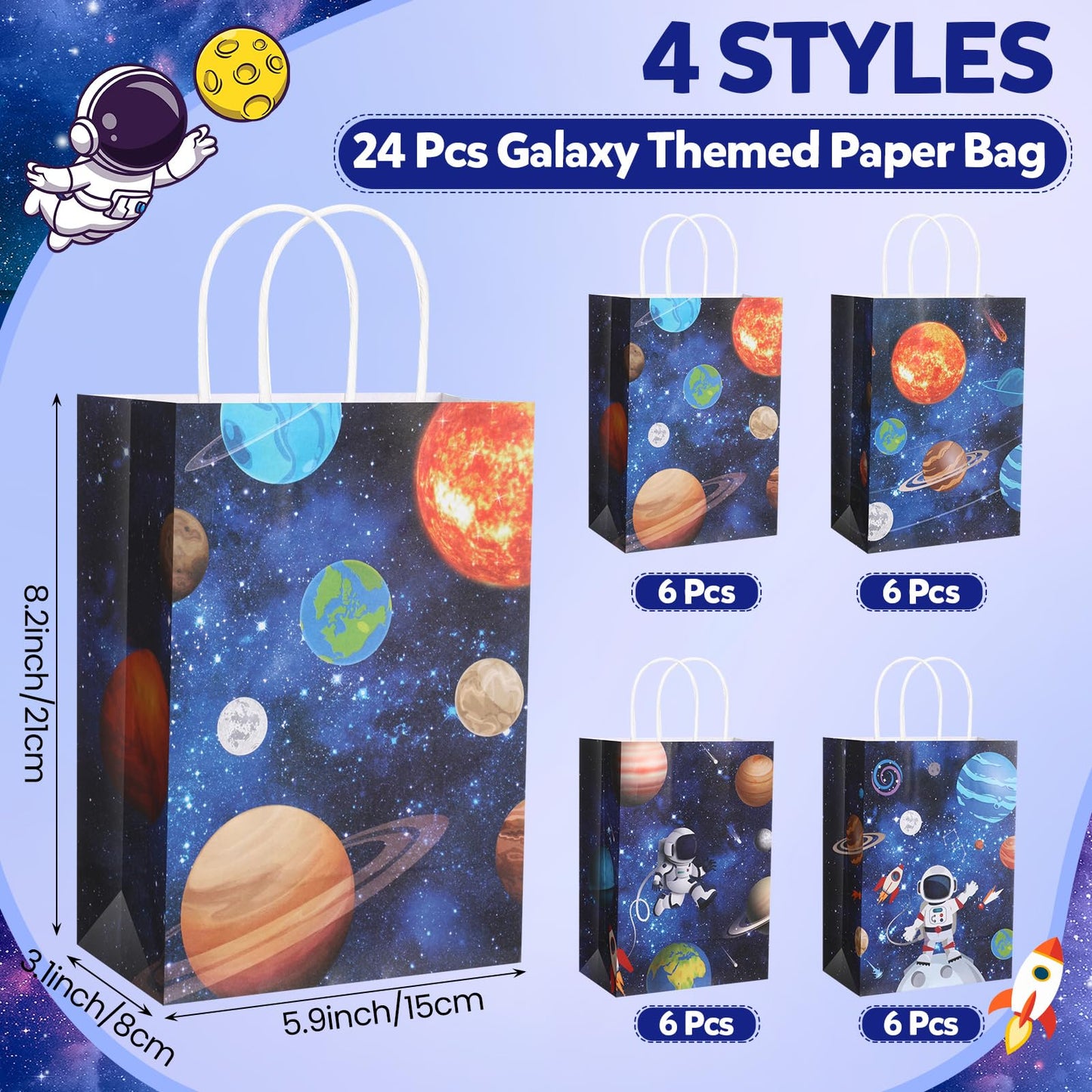 Gaillty 24 Pcs Outer Space Party Favor Bags Galaxy Goodie Gift Bags with Handles Kraft Paper Solar Treat Candy Totes for Astronaut Science Themed Birthday Party Supplies Decorations