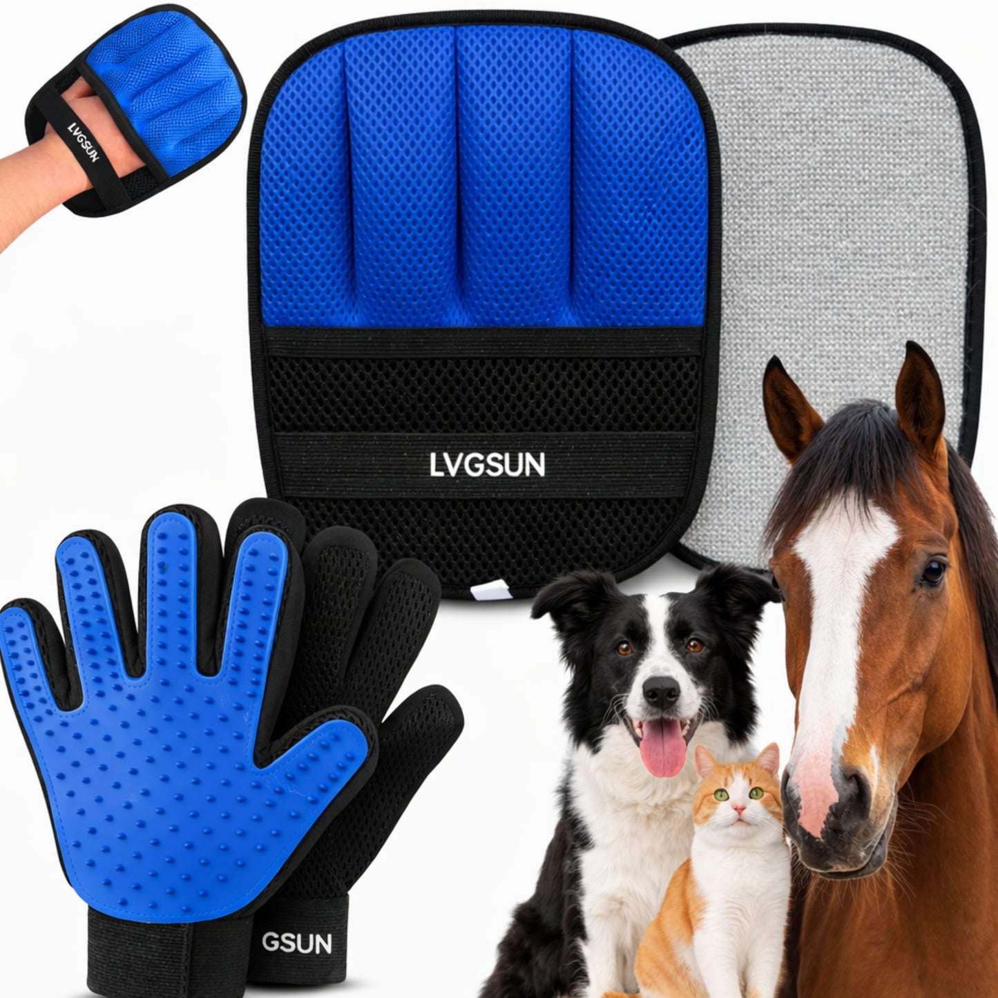 LVGSUN Cat Grooming Gloves for Shedding – Pet Hair Remover Set with Cleaning Mitt – 2 Grooming Gloves + 1 Reusable Pad for Cats, Dogs & Horses – Long & Short Hair Deshedding