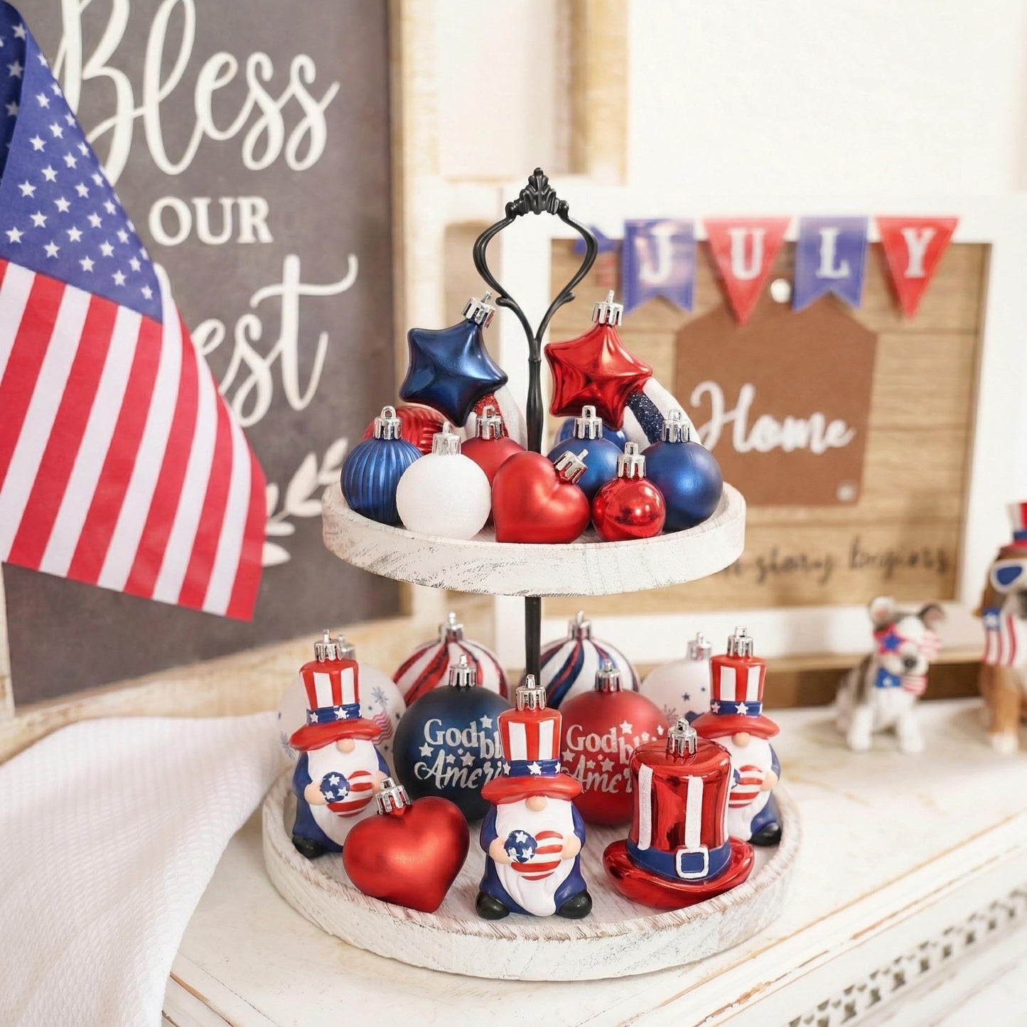 Valery Madelyn 4th of July Tree Decorations for Patriotic Memorial Day Ornaments, 50ct Large Red White Blue Shatterproof Americana Gnome for Independence Day USA 250th Anniversary Hanging Ball Decor