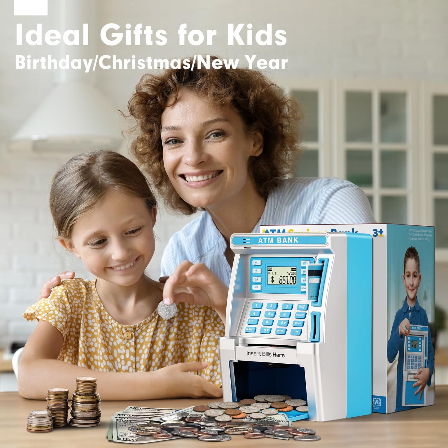 BAODLON Blue Piggy Bank for Kids, ATM Machine Bank for Real Money with Debit Card, Bill Feeder, Coin Recognition, Balance Calculator, Electronic Savings Safe Box, Cool Stuff Toys Gifts for Teen Girl