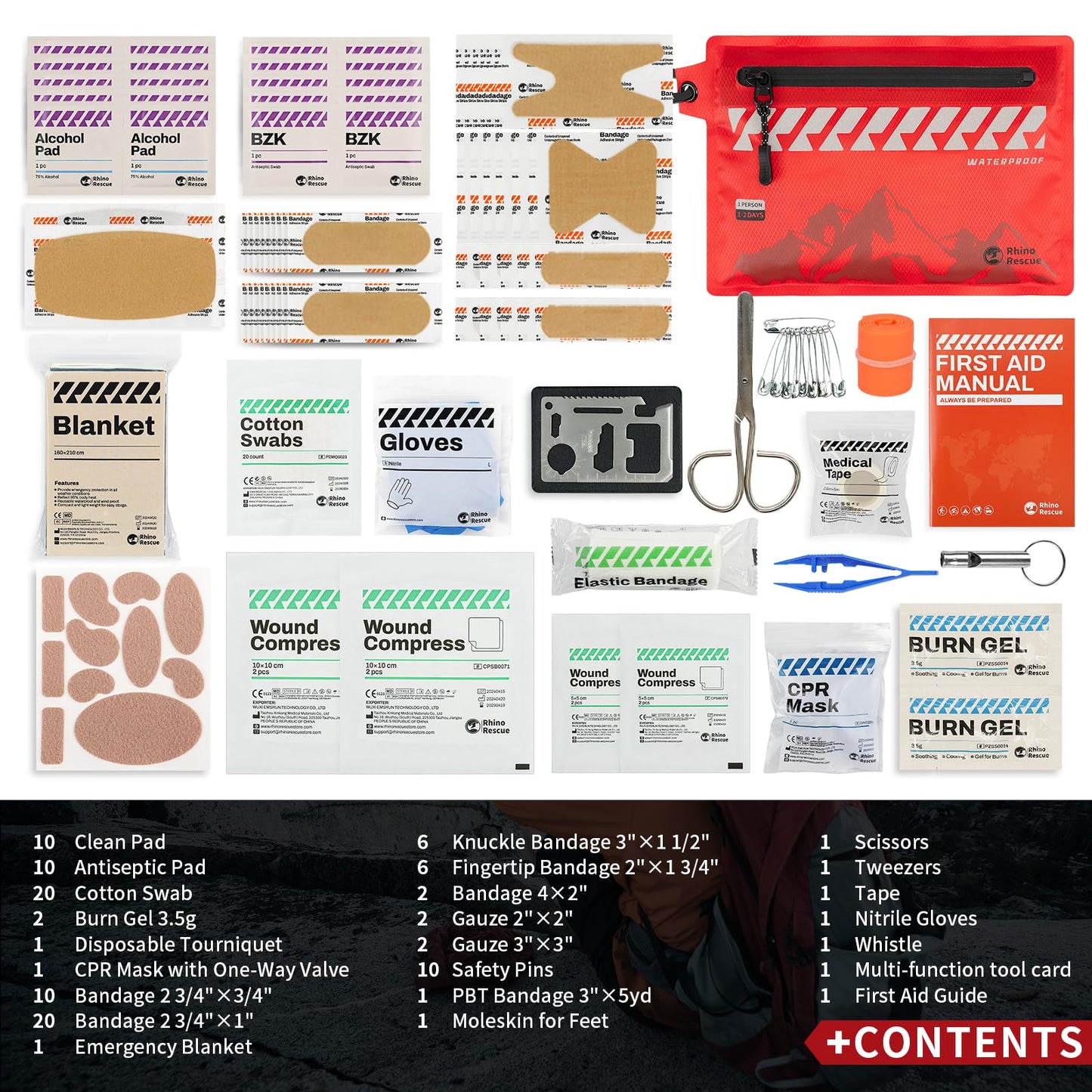 RHINO RESCUE Small First Aid Kit Ultralight Waterproof Medical Kit for Hiking, Backpacking, Cycling, Travel, Vehicles, 114pc