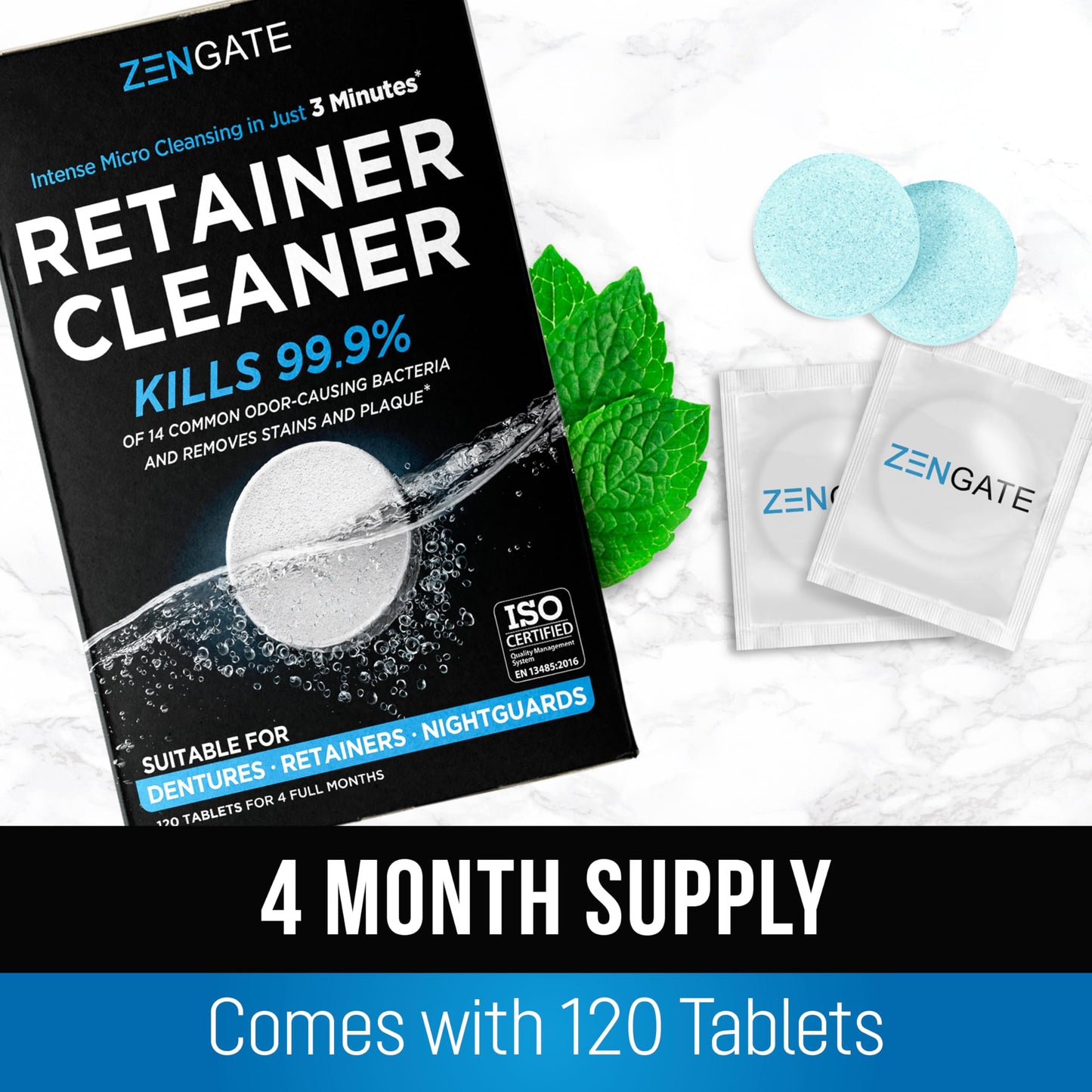 ZENGATE Retainer Cleaner Tablets - Quick 3-Minute Clean for Dentures, Mouth Guards, Aligners, and Night Guards - 120 Dental Cleansing Tablets - FSA HSA Approved Dental Appliance Cleanser