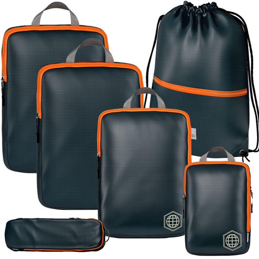 Compression Packing Cubes for Travel – 6 Piece Luggage Organizer Set with Lightweight Laundry Bag/Backpack – Travel Essentials for Carry-On Suitcase or Checked Luggage (Grey/Orange)