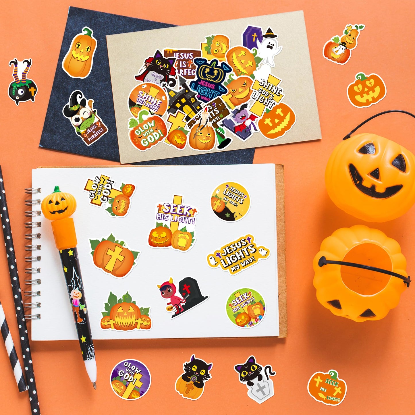ANGOLIO 50Pcs Halloween Stickers for Kids, Cute Cartoon Pumpkins Witch Black Cat Christian Crosses Vinyl Waterproof Decals for Water Bottles Notebooks Laptop
