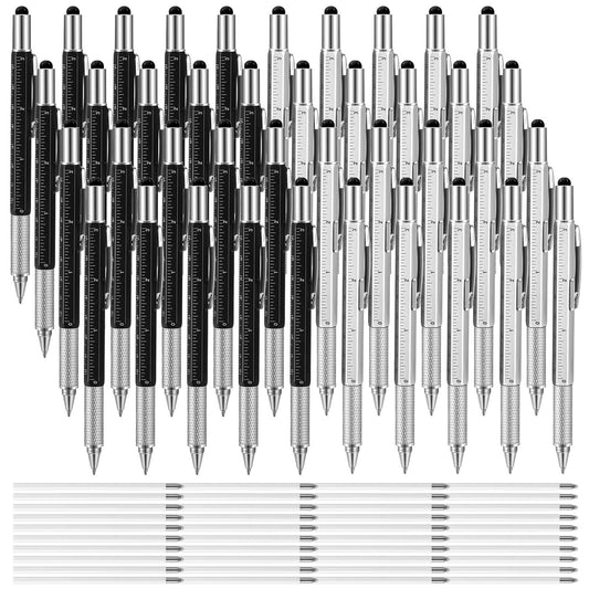 40 Pieces Multi-tool 6 in 1 Ballpoint Pen Multi-function Screwdriver Pen with Ruler Level Gauge and 40 Pieces Black Ink Refills Men Father Teacher Gifts for Father Day