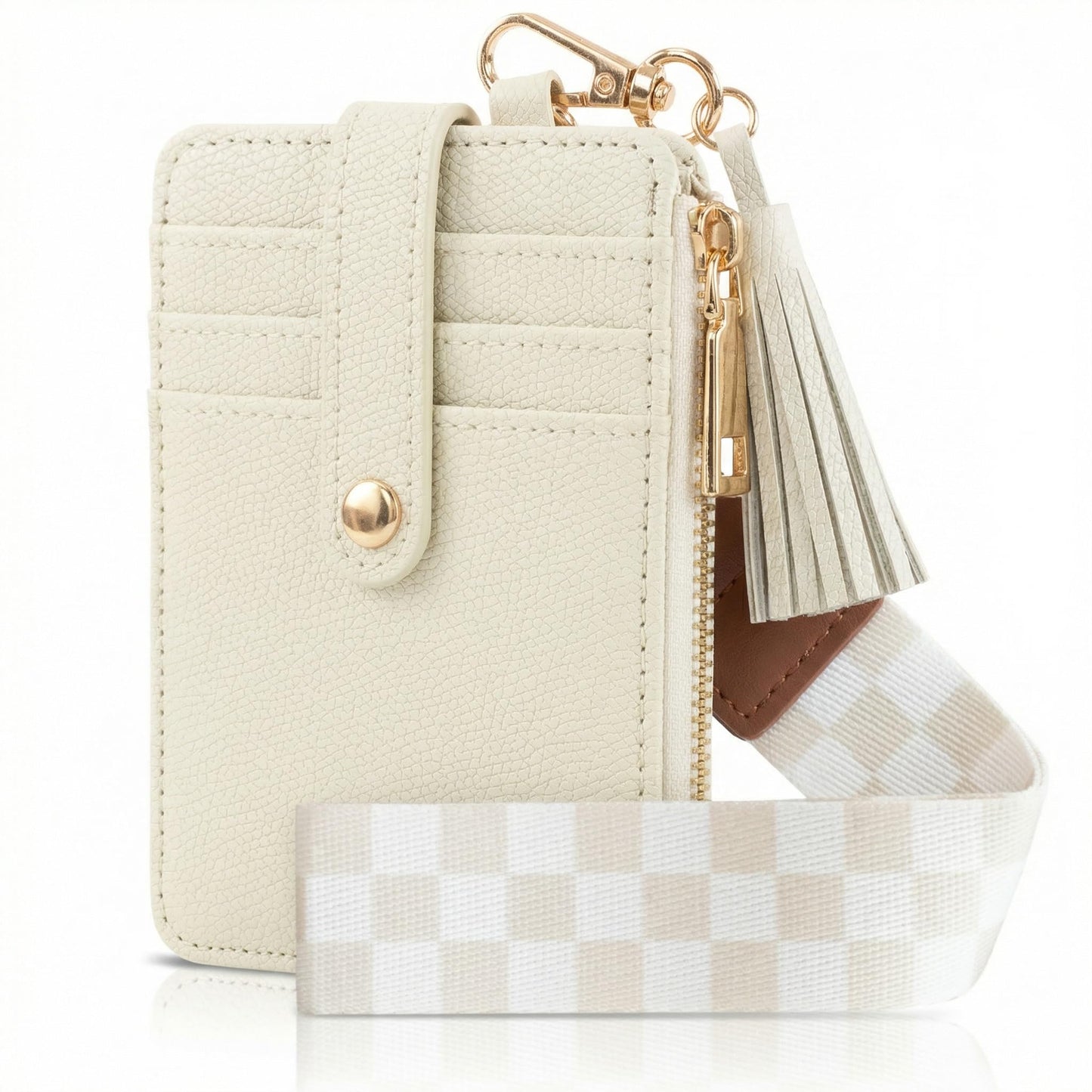 Stylish Wristlet Keychain Wallet for Women - Slim Design Credit Card Holder w/ Plenty of Storage incl. Clear ID Window & Zipper Pocket - Easy Carry RFID Blocking Wallet w/ Tassel, Lanyard & Gold Rings