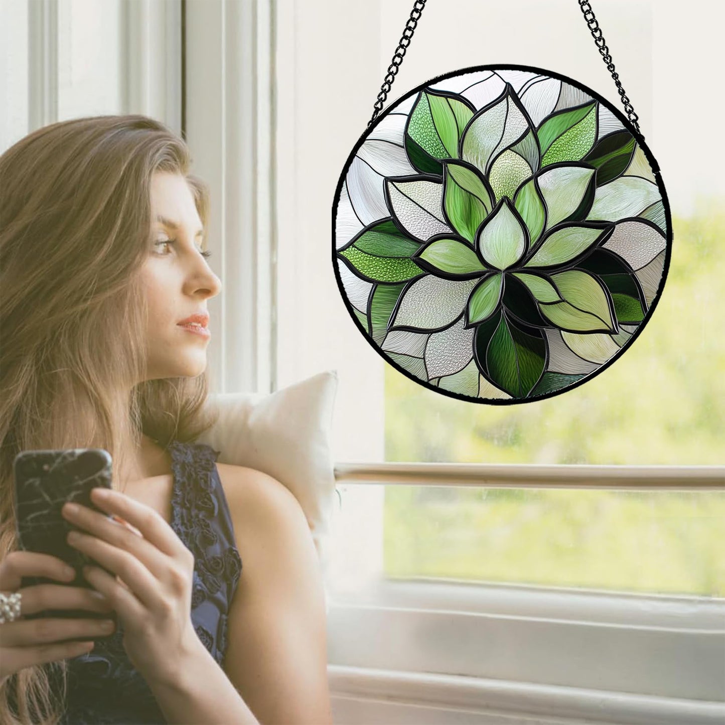 CRISGIF Stained Glass Window Hanging - Green Lotus Suncatcher for Door Garden Succulent Plant Sun Catchers Decor Mother's St. Patrick's Day Birthday for Women Mom Nana Grandma 7.8 in