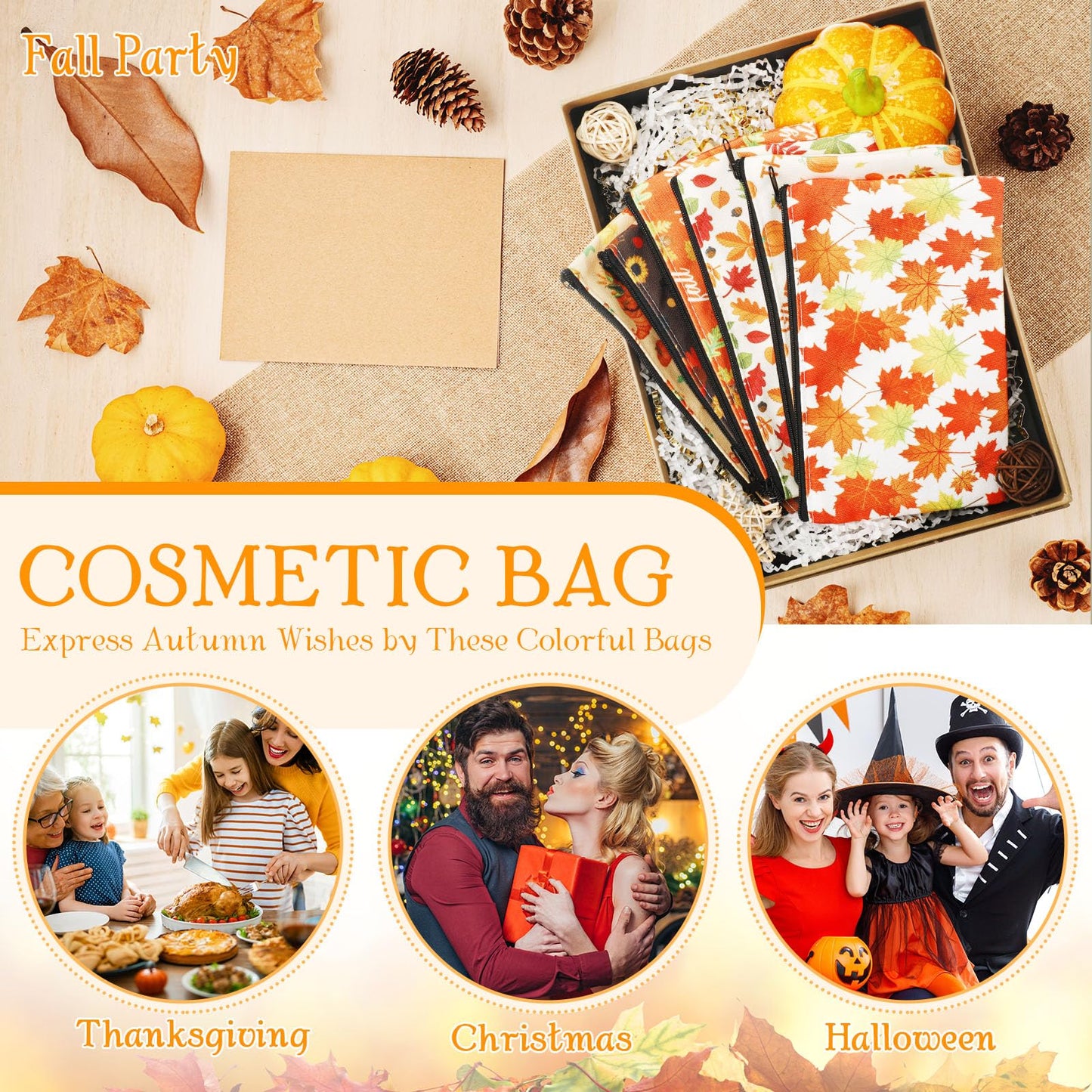 Yahenda 20 Pieces Fall Cosmetic Bags for Women Gifts Pumpkin Sunflower Autumn Maple Leaf Makeup Bags Thank You Gifts for Thanksgiving Day Birthday Party Favor