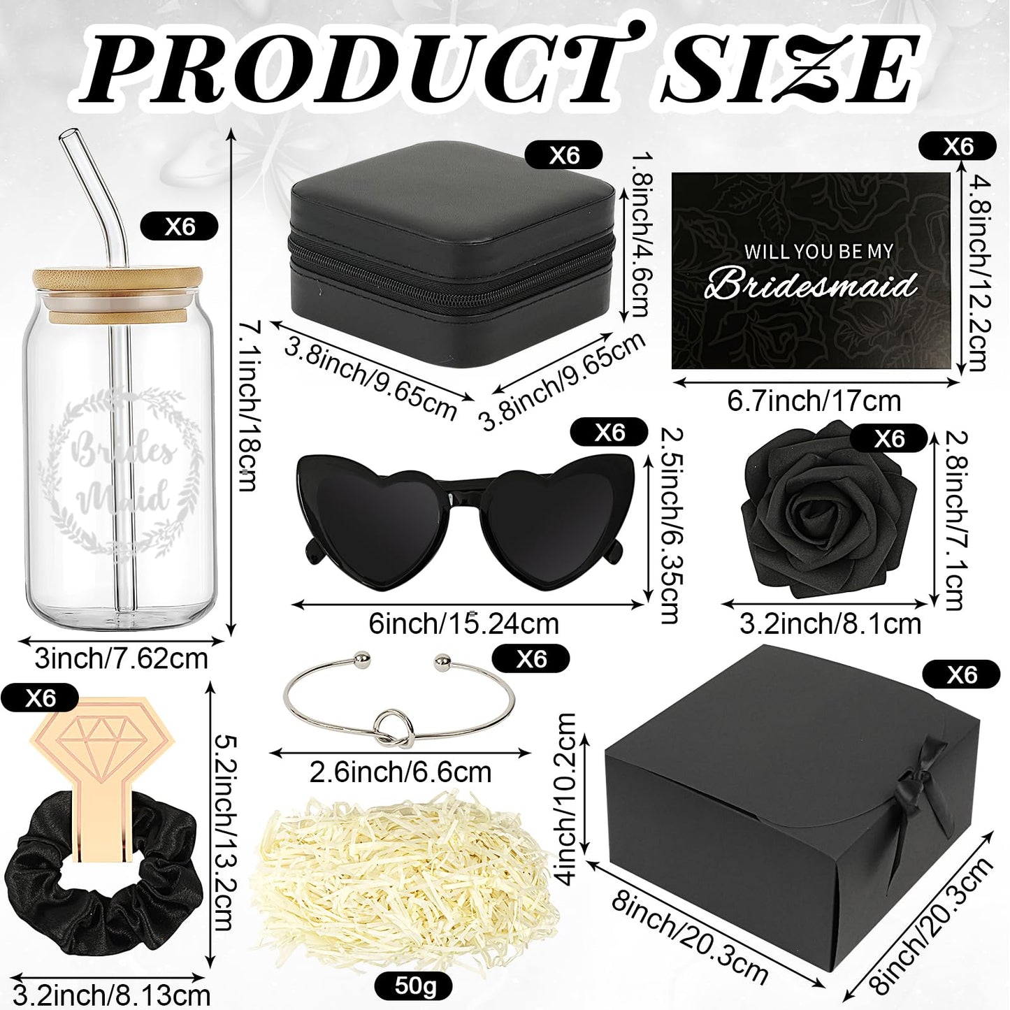 HOMENERGY Bridesmaid Proposal Gifts Set 6 - "Will You Be My Bridesmaid Kit with Elegant Box Jewelry Box Glass Cup Invited Cards Knotted Bracelets Sunglasses Scrunchies Raffia Grass (Black, 54 Pcs